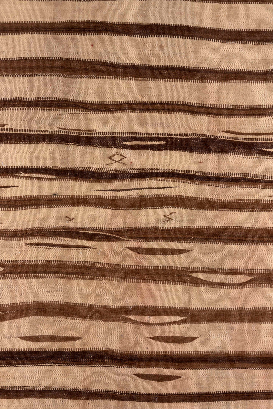 4' x 9' one-of-a-kind handmade vintage Kilim runner rug. Color palette: tan, brown, camel, taupe, ivory, beige, gray