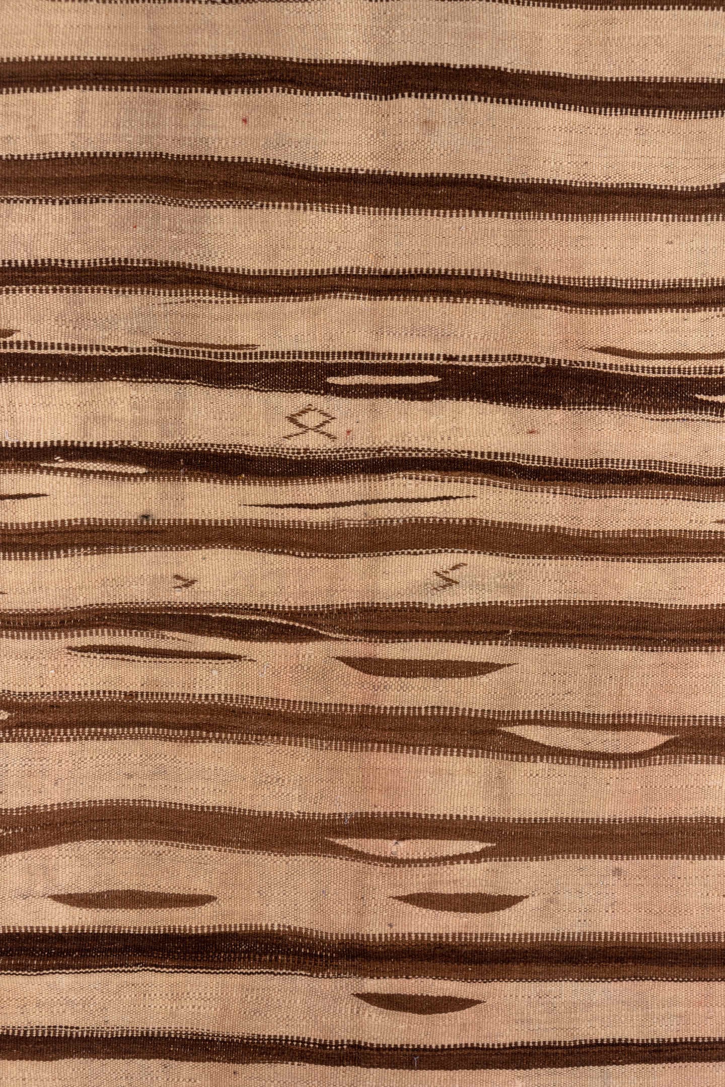 4' x 9' one-of-a-kind handmade vintage Kilim runner rug. Color palette: tan, brown, camel, taupe, ivory, beige, gray