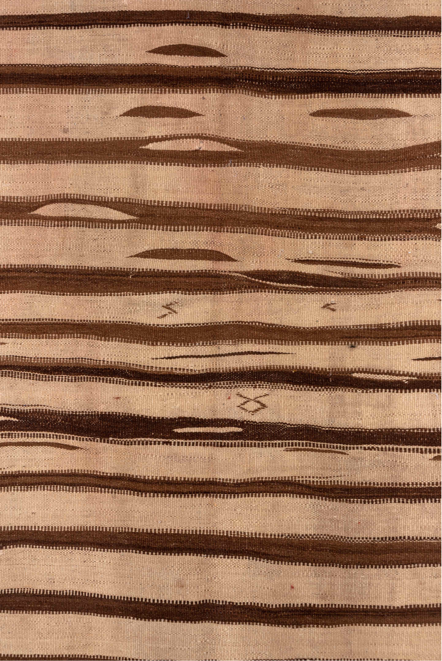 4' x 9' one-of-a-kind handmade vintage Kilim runner rug. Color palette: tan, brown, camel, taupe, ivory, beige, gray