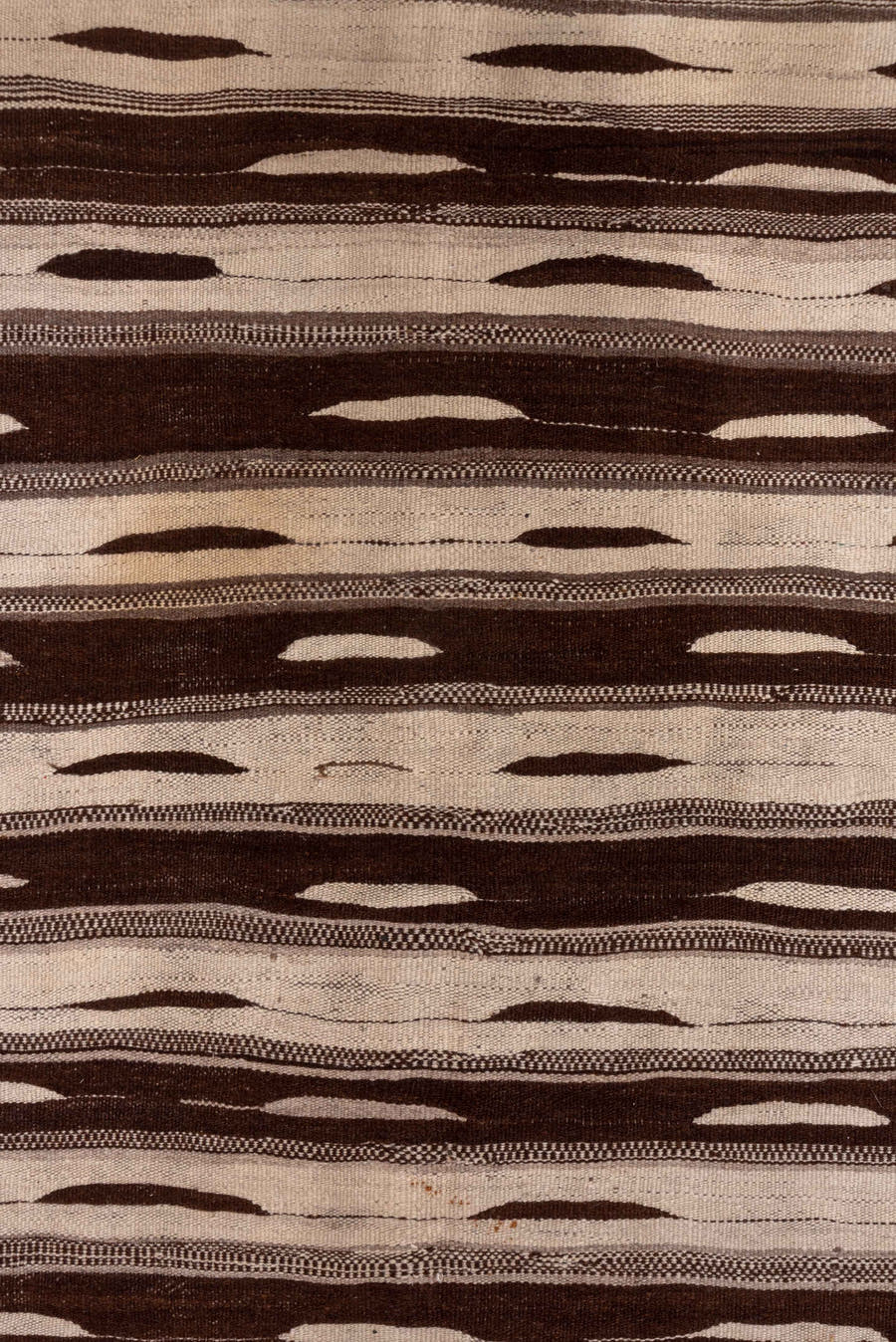 4' x 10' one-of-a-kind handmade vintage Kilim runner rug. Color palette: brown, ivory, taupe, beige, gray
