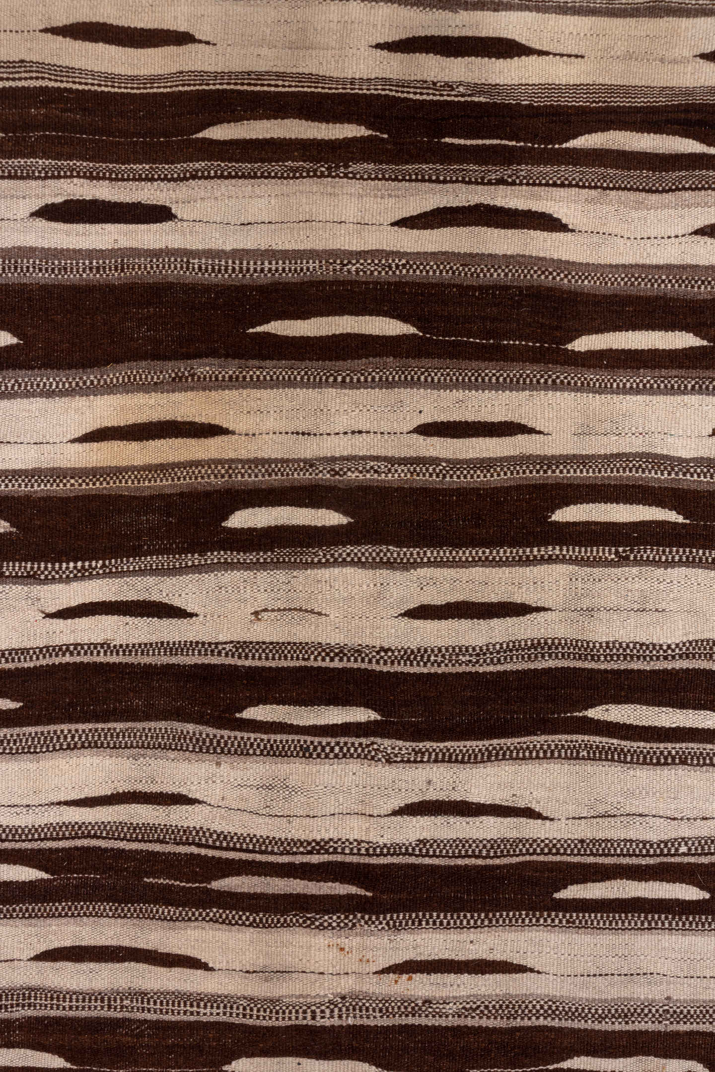 4' x 10' one-of-a-kind handmade vintage Kilim runner rug. Color palette: brown, ivory, taupe, beige, gray