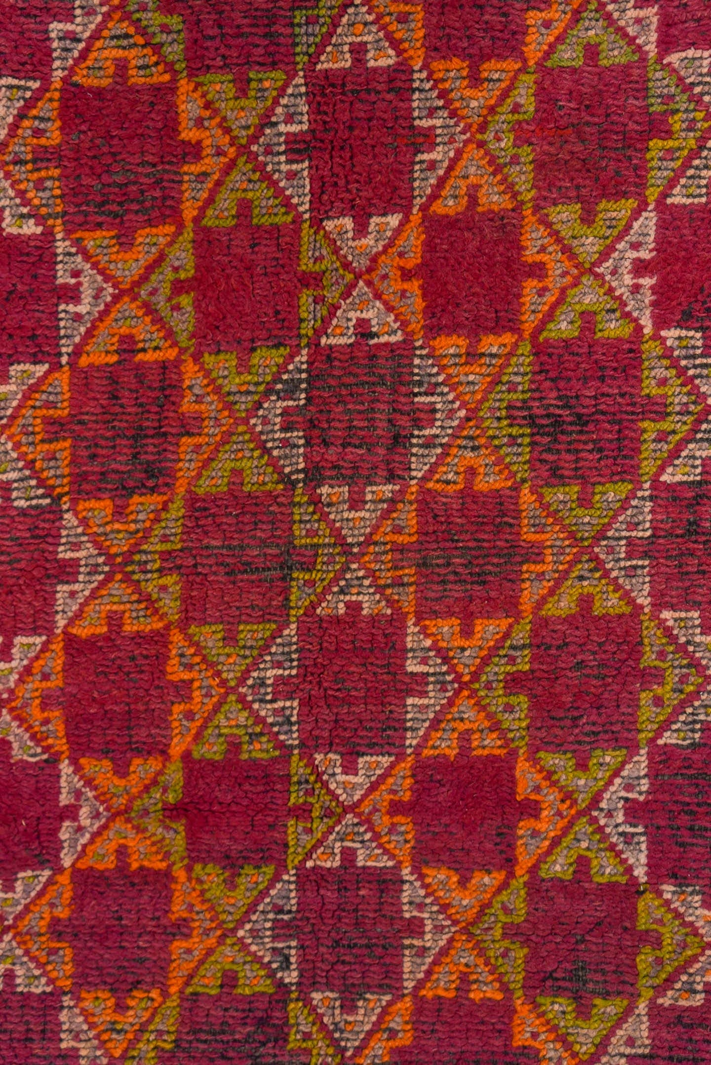 4' x 6' one-of-a-kind handmade vintage Moroccan small size rug. Color palette: rose, magenta, rust, ivory, saffron, brown