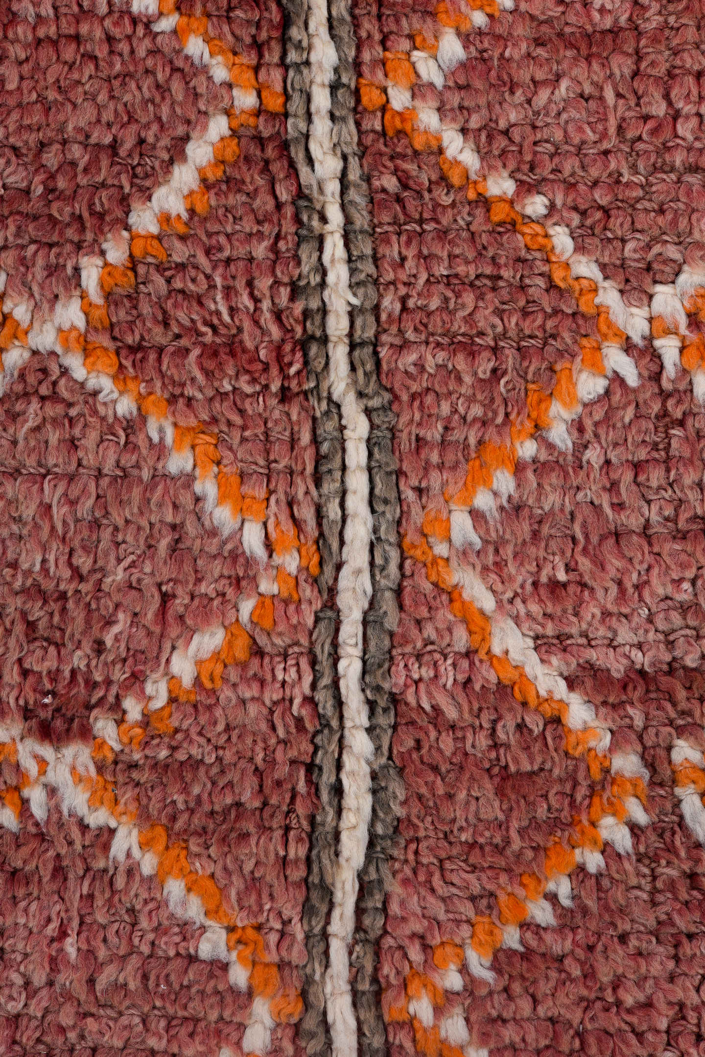 4' x 10' one-of-a-kind handmade vintage Moroccan runner rug. Color palette: rose, mauve, charcoal, ivory, saffron, taupe