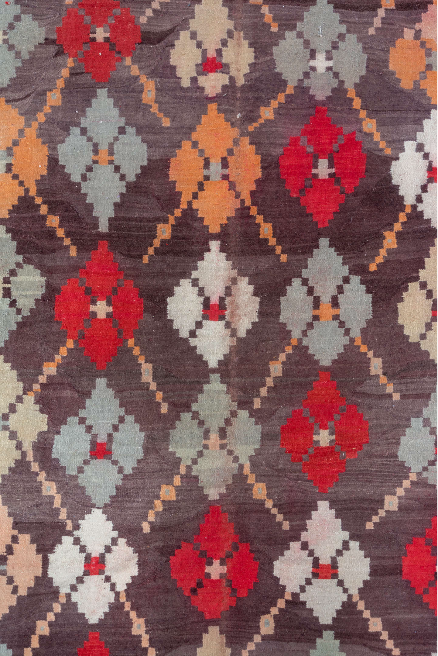 7' x 11' one-of-a-kind handmade vintage Kilim large size rug. Color palette: brown, red, ivory, gray, blush, taupe, pink