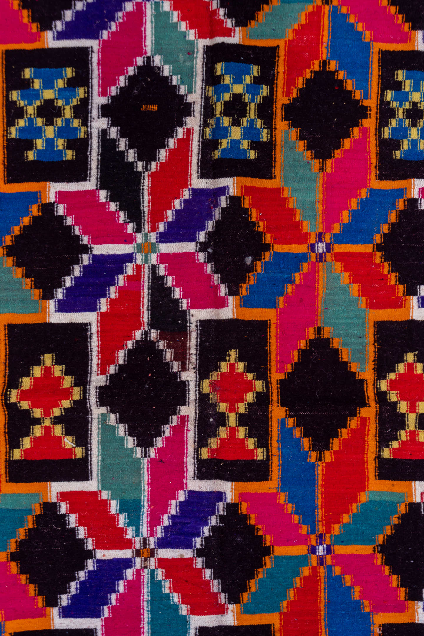 7' x 10' one-of-a-kind handmade vintage Kilim large size rug. Color palette: magenta, ebony, orange, ivory, cobalt