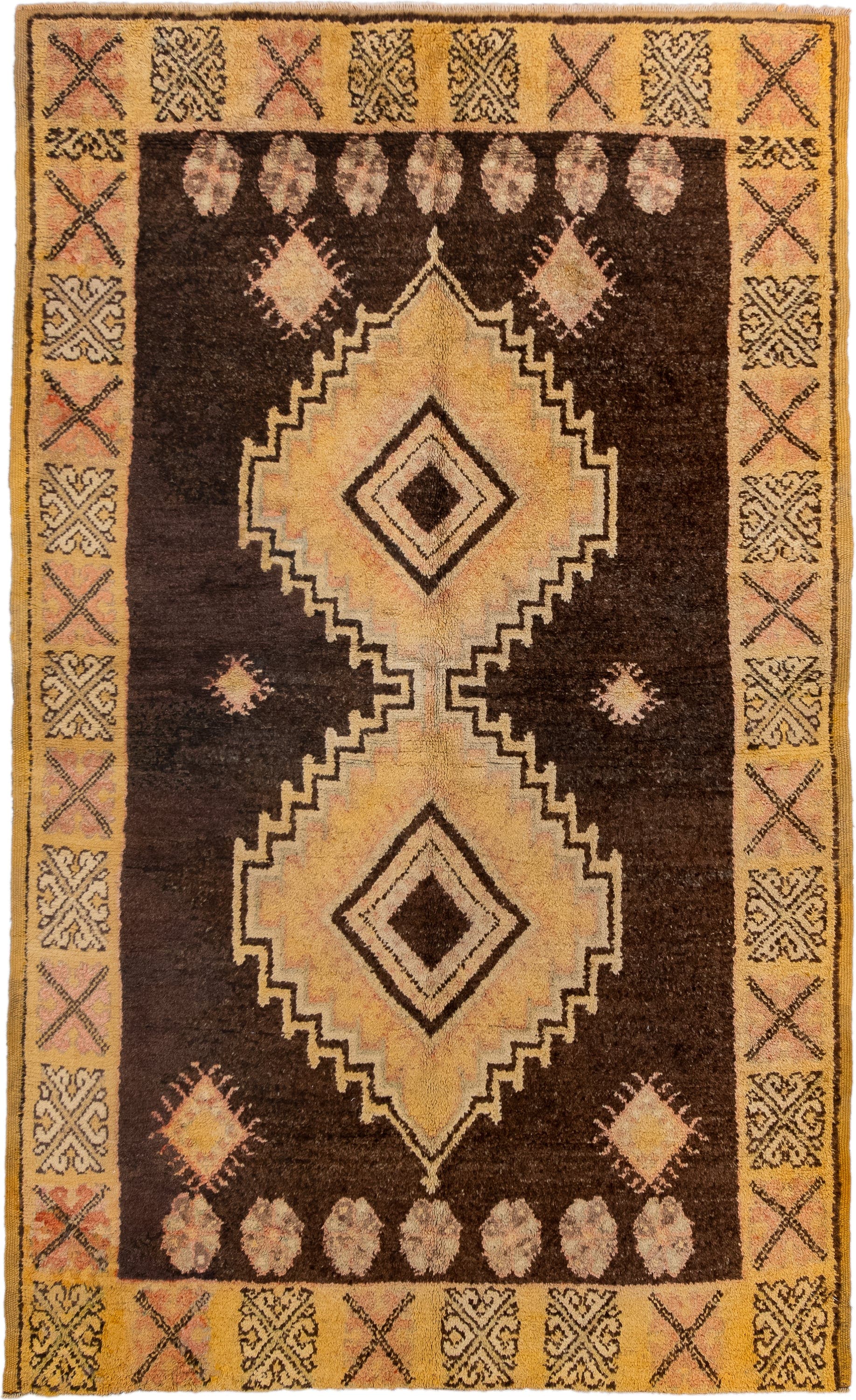 4' x 7' one-of-a-kind handmade vintage Moroccan rug. Color palette: brown, gold, camel, ivory, blush, charcoal, beige, pink