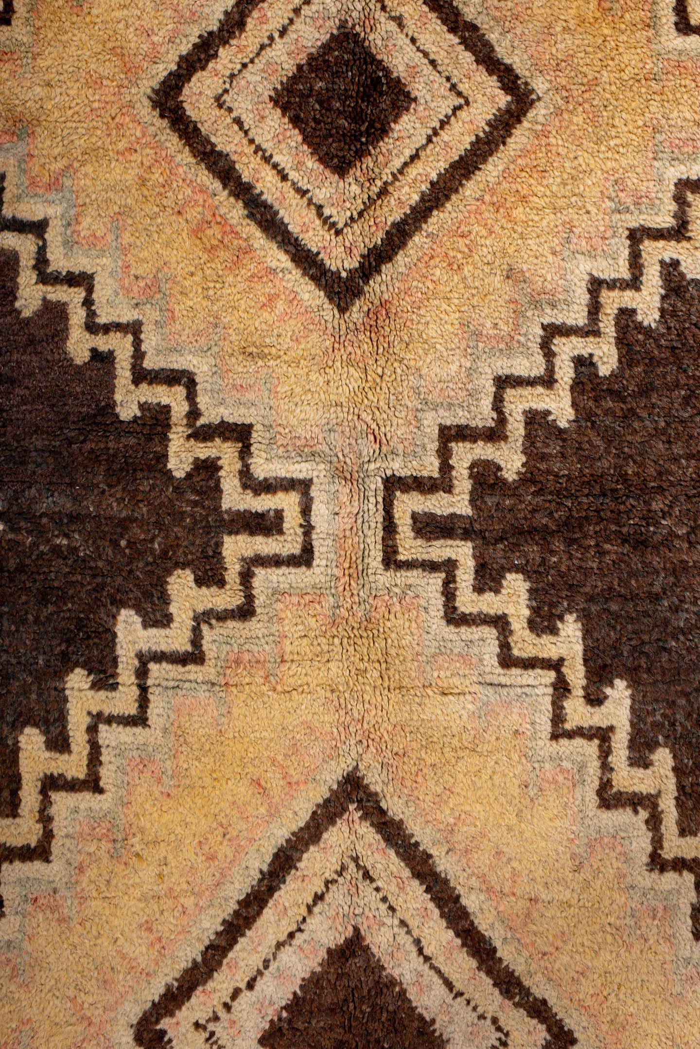 4' x 7' one-of-a-kind handmade vintage Moroccan rug. Color palette: brown, gold, camel, ivory, blush, charcoal, beige, pink