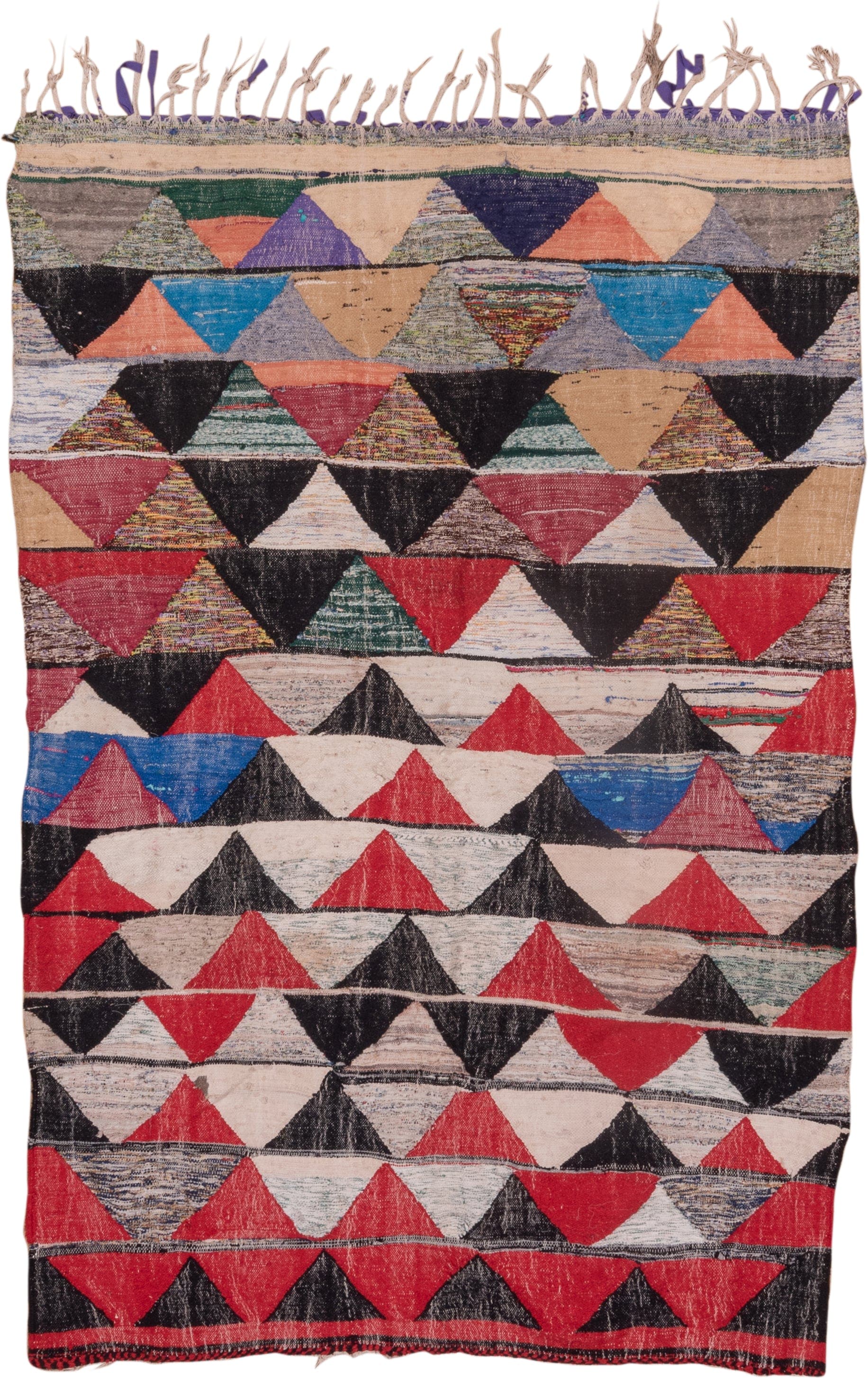 5' x 8' one-of-a-kind handmade vintage Rag Rug medium size rug. Color palette: crimson, ivory, black, blush, cobalt, taupe