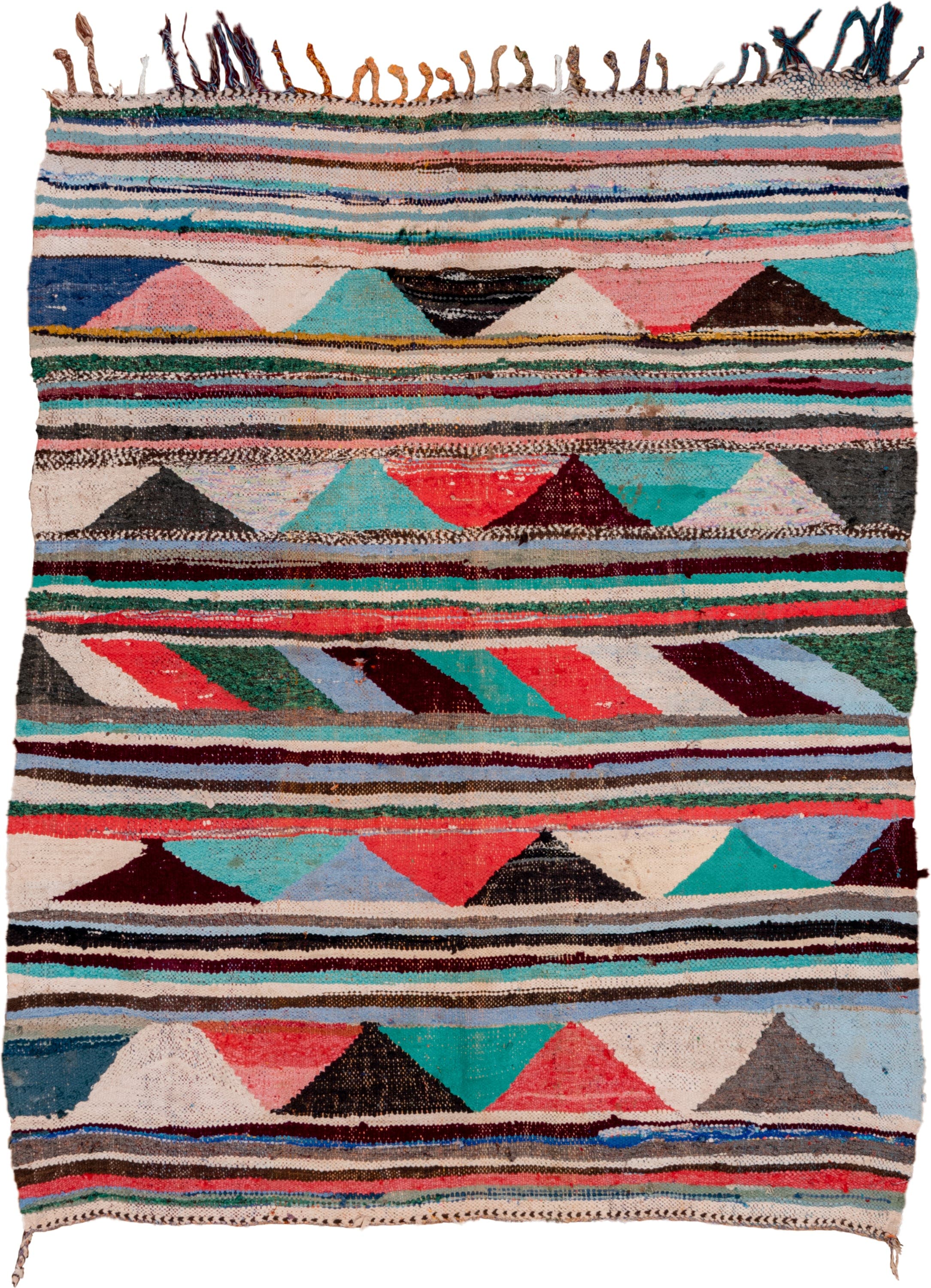 4' x 5' one-of-a-kind handmade vintage Rag Rug small size rug. Color palette: ivory, turquoise, charcoal, coral, burgundy