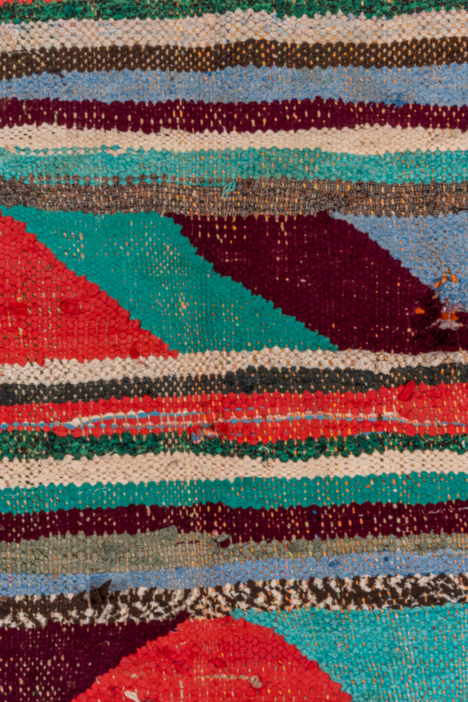 4' x 5' one-of-a-kind handmade vintage Rag Rug small size rug. Color palette: ivory, turquoise, charcoal, coral, burgundy