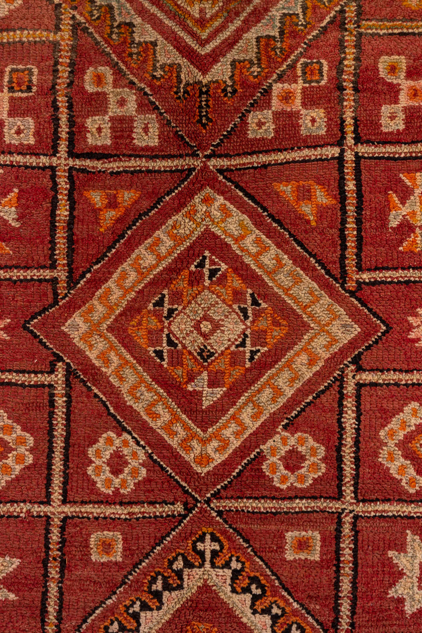 6' x 10' one-of-a-kind handmade vintage Moroccan large size rug. Color palette: terra cotta, rust, rose, ivory, gold, sienna