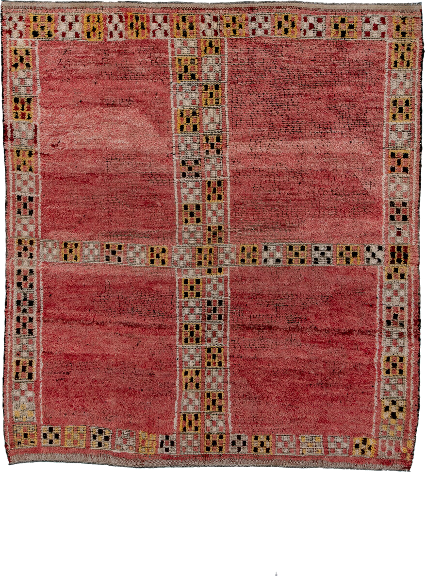 6' x 7' one-of-a-kind handmade vintage Moroccan rug. Color palette: black, brown, gray, light gray, pink, red