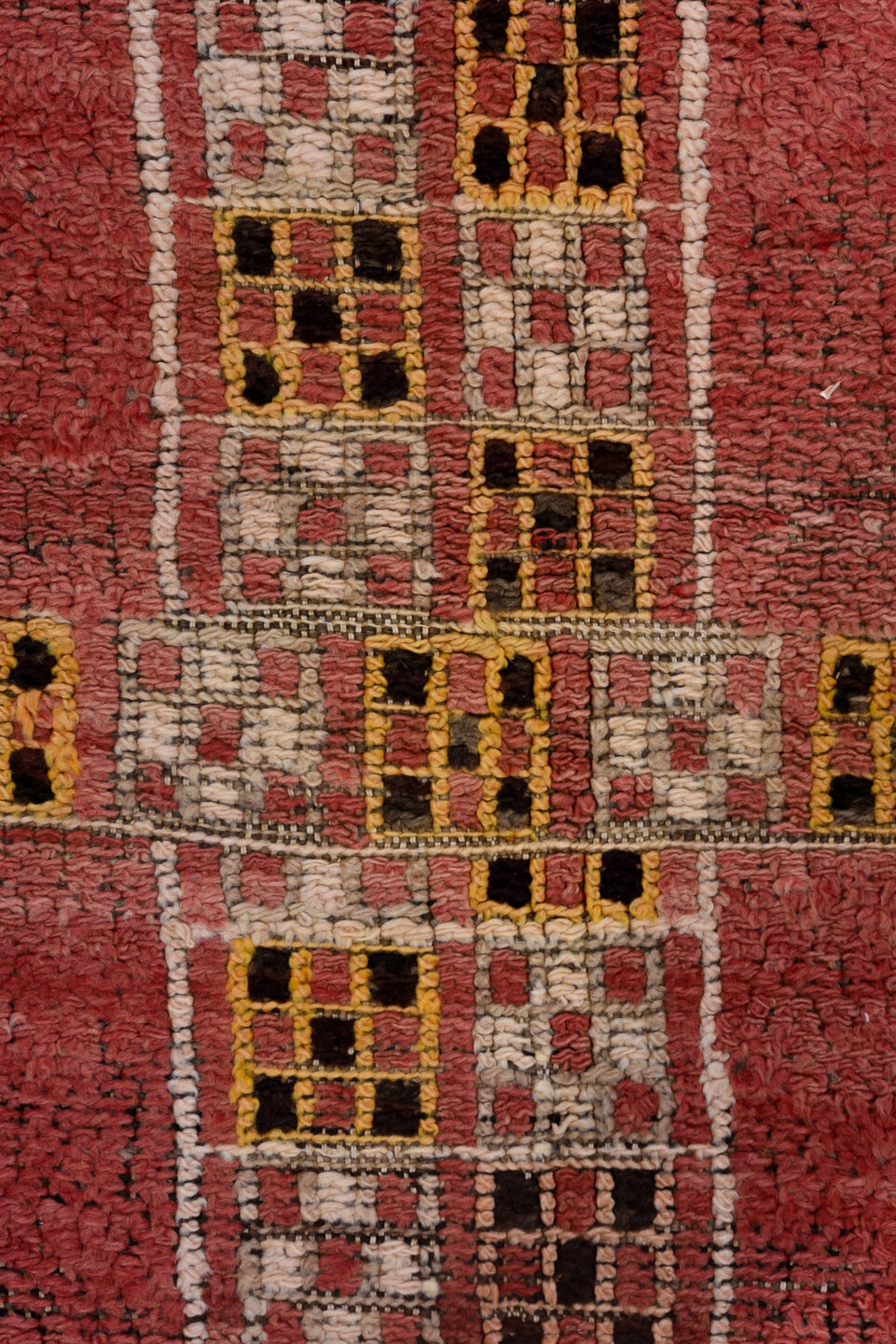 6' x 7' one-of-a-kind handmade vintage Moroccan rug. Color palette: black, brown, gray, light gray, pink, red