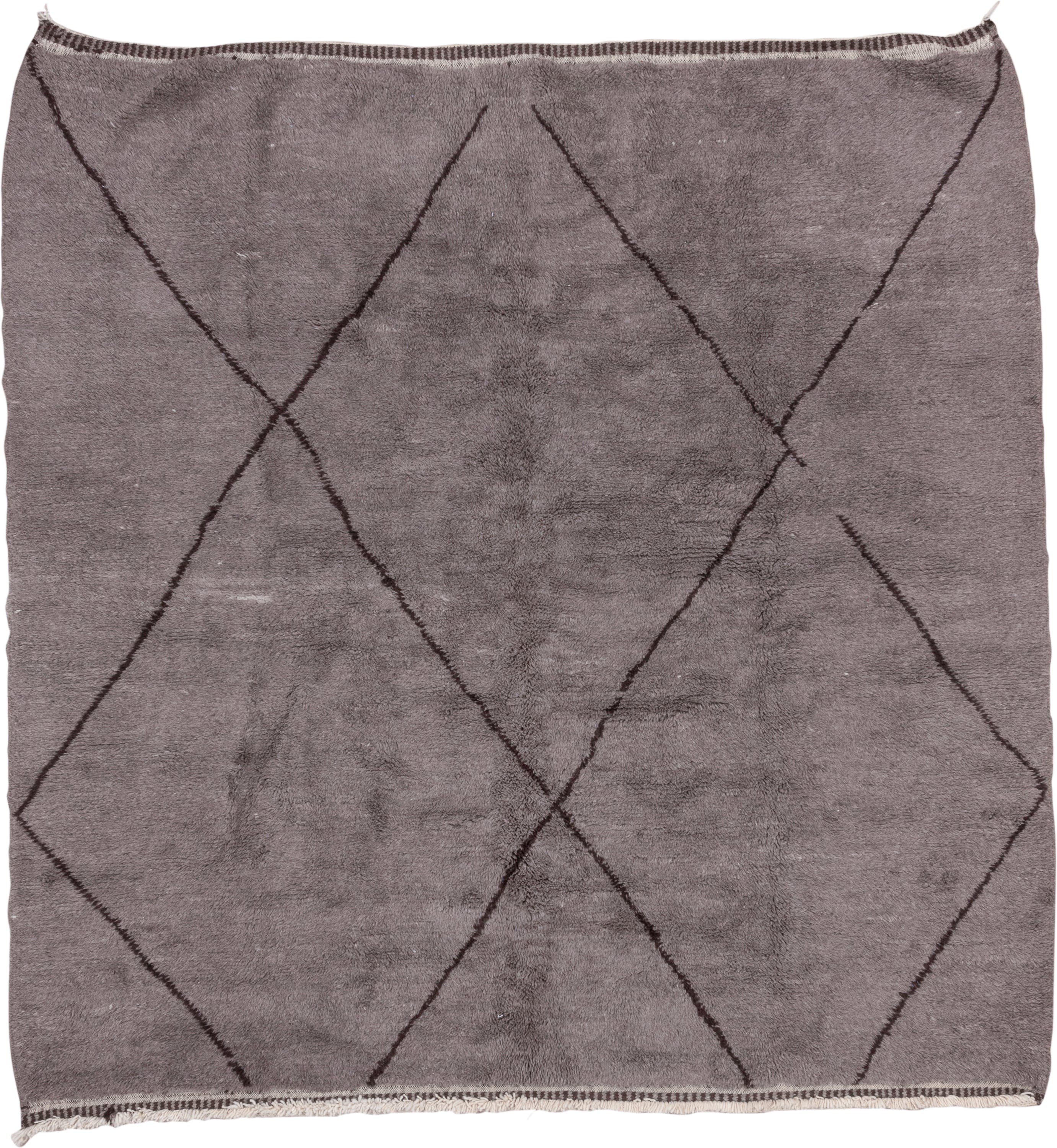 9' x 9' one-of-a-kind handmade vintage Moroccan rug. Color palette: taupe, charcoal, ivory, beige, gray, black
