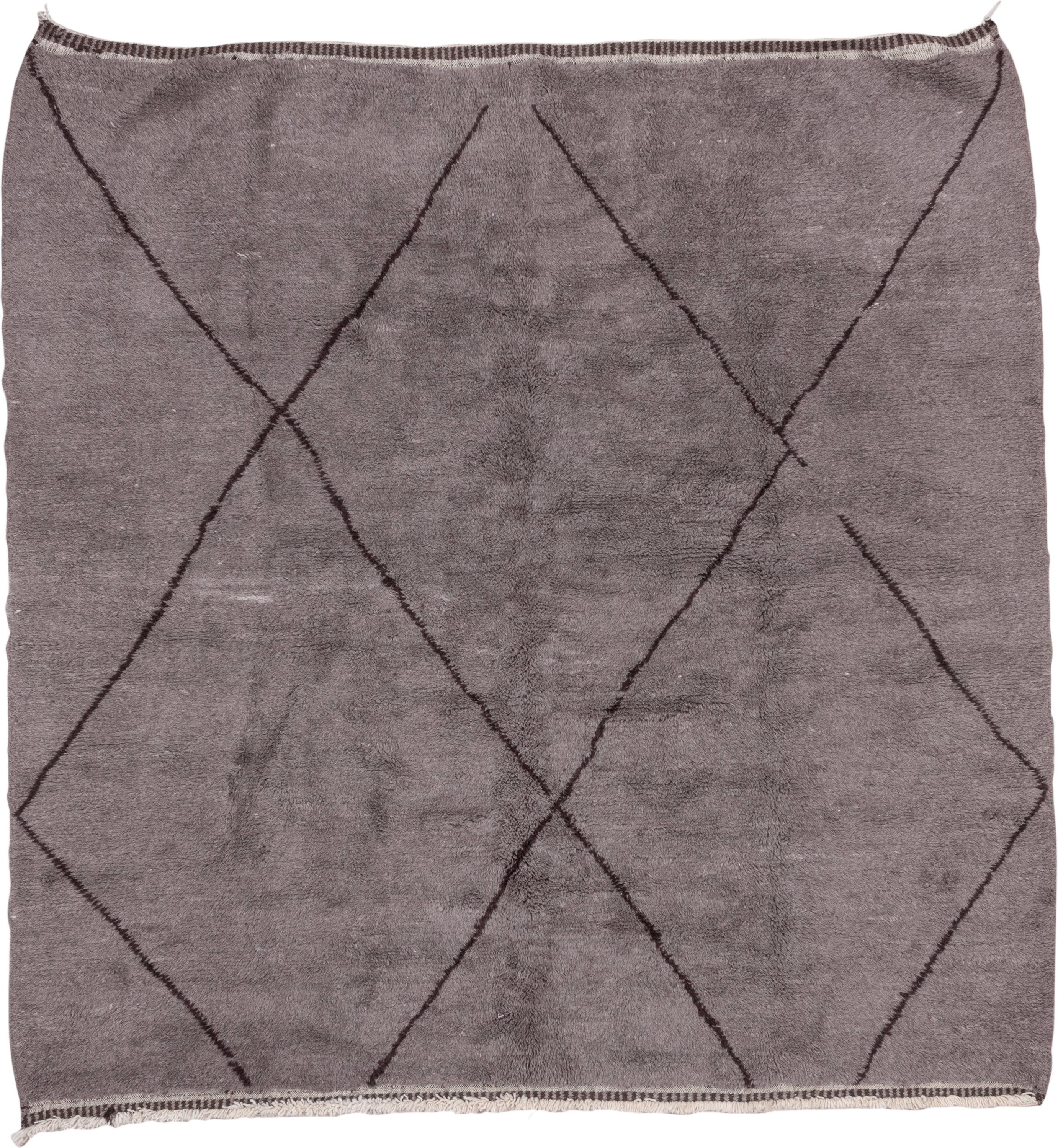 9' x 9' one-of-a-kind handmade vintage Moroccan rug. Color palette: taupe, charcoal, ivory, beige, gray, black