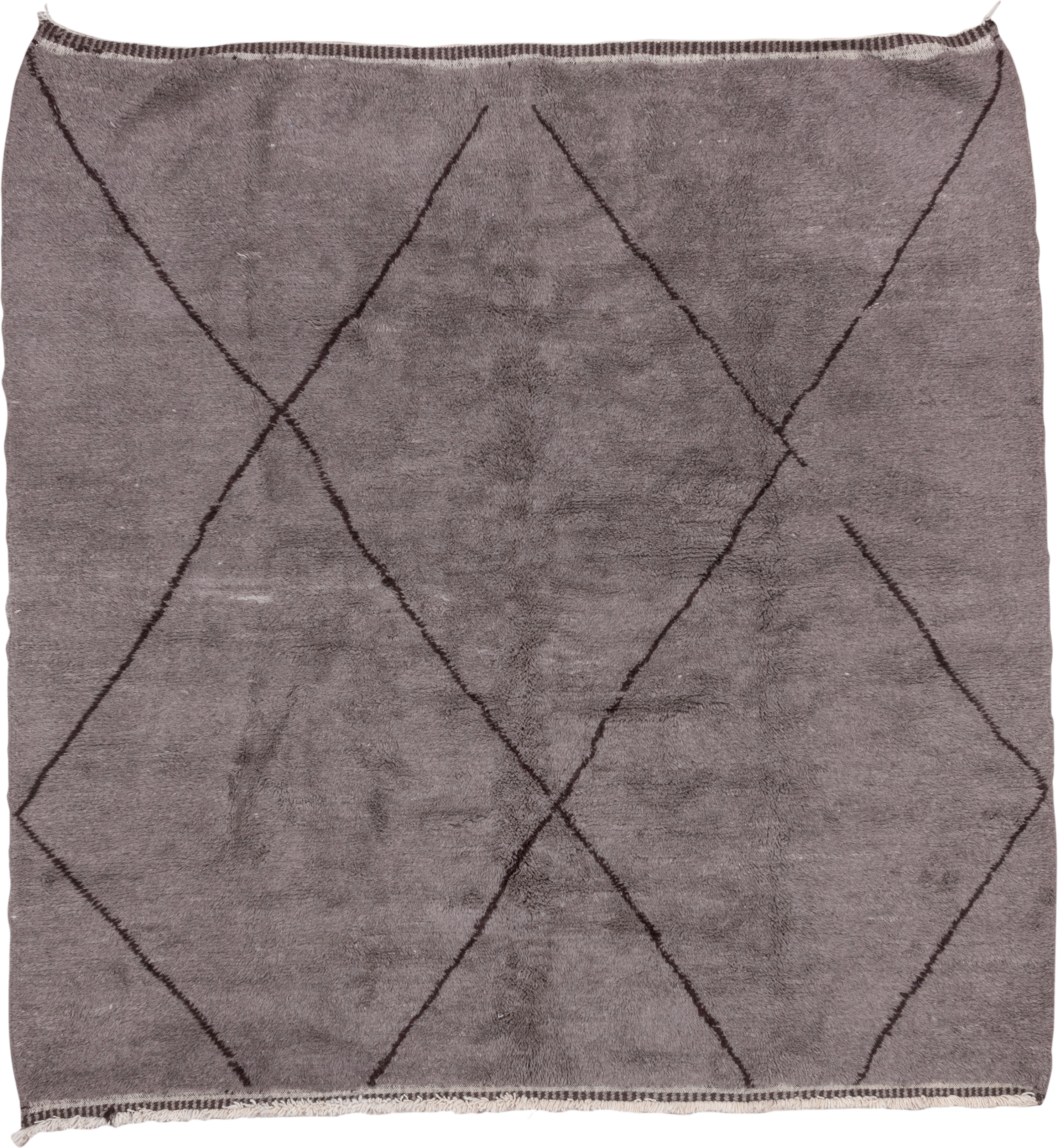 9' x 9' one-of-a-kind handmade vintage Moroccan rug. Color palette: taupe, charcoal, ivory, beige, gray, black