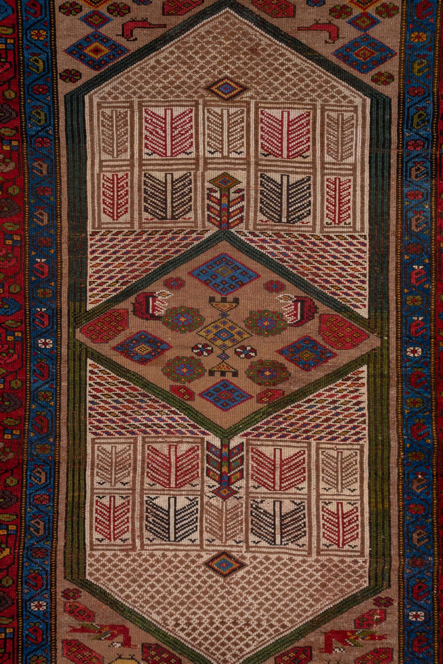 4' x 18' one-of-a-kind handmade antique Cam Hamadan runner rug. Color palette: ivory, crimson, indigo, navy, olive, rust