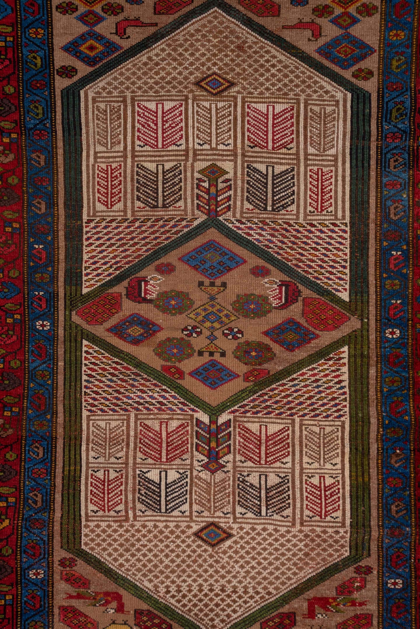 4' x 18' one-of-a-kind handmade antique Cam Hamadan runner rug. Color palette: ivory, crimson, indigo, navy, olive, rust