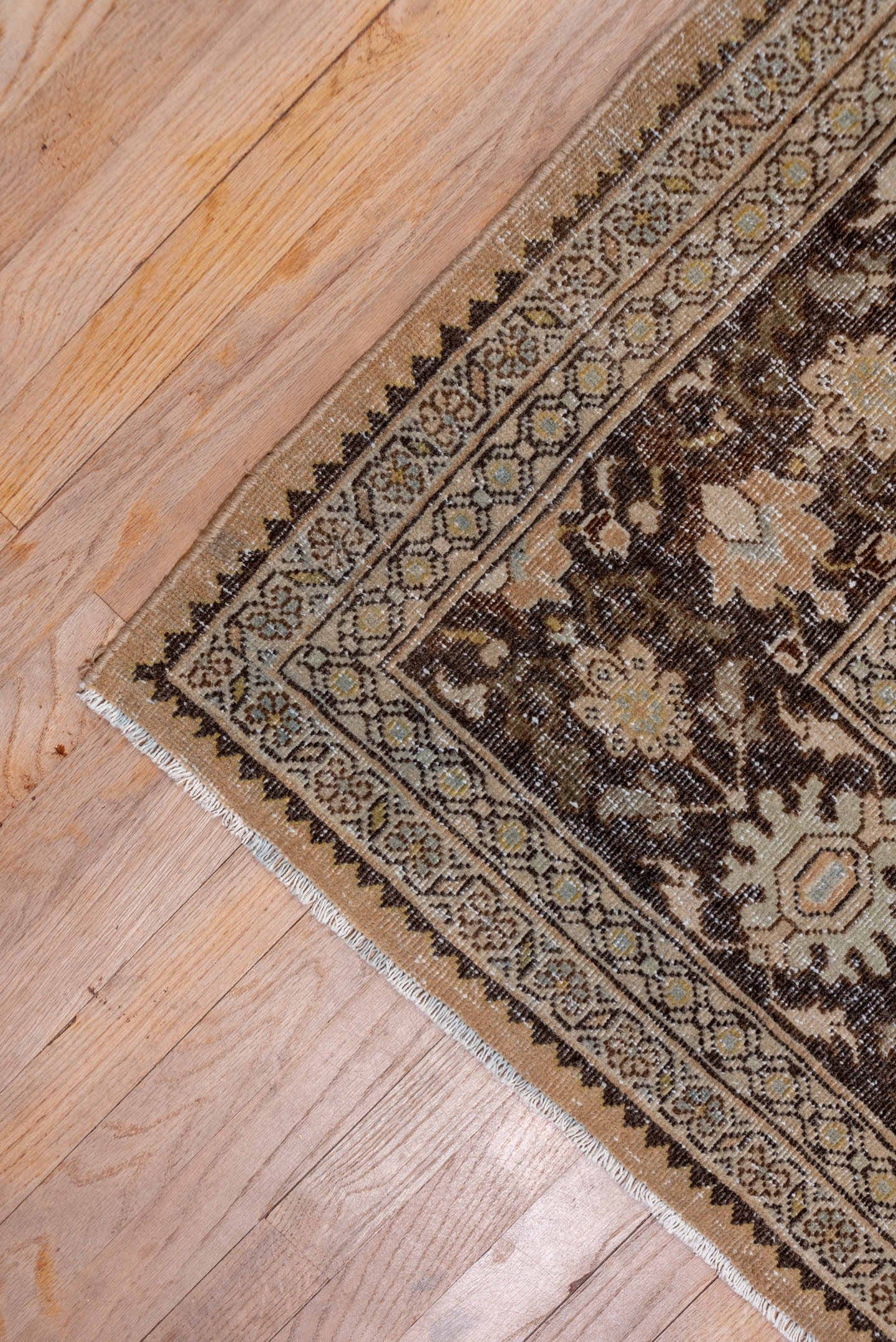 9' x 12' one-of-a-kind handmade antique Mahal large size rug. Color palette: camel, brown, ivory, taupe, beige, charcoal