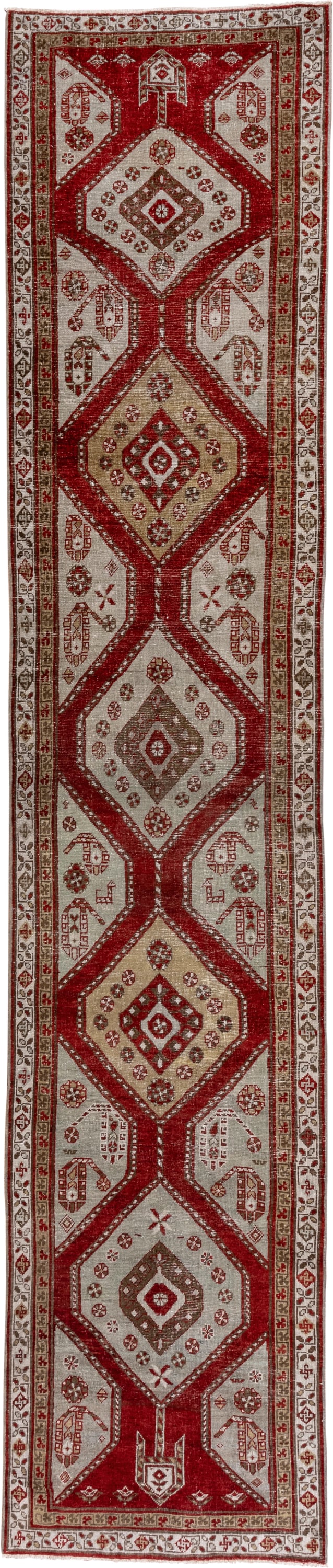 3' x 15' one-of-a-kind handmade antique Oushak runner rug. Color palette: crimson, ivory, taupe, camel, rose, red, beige