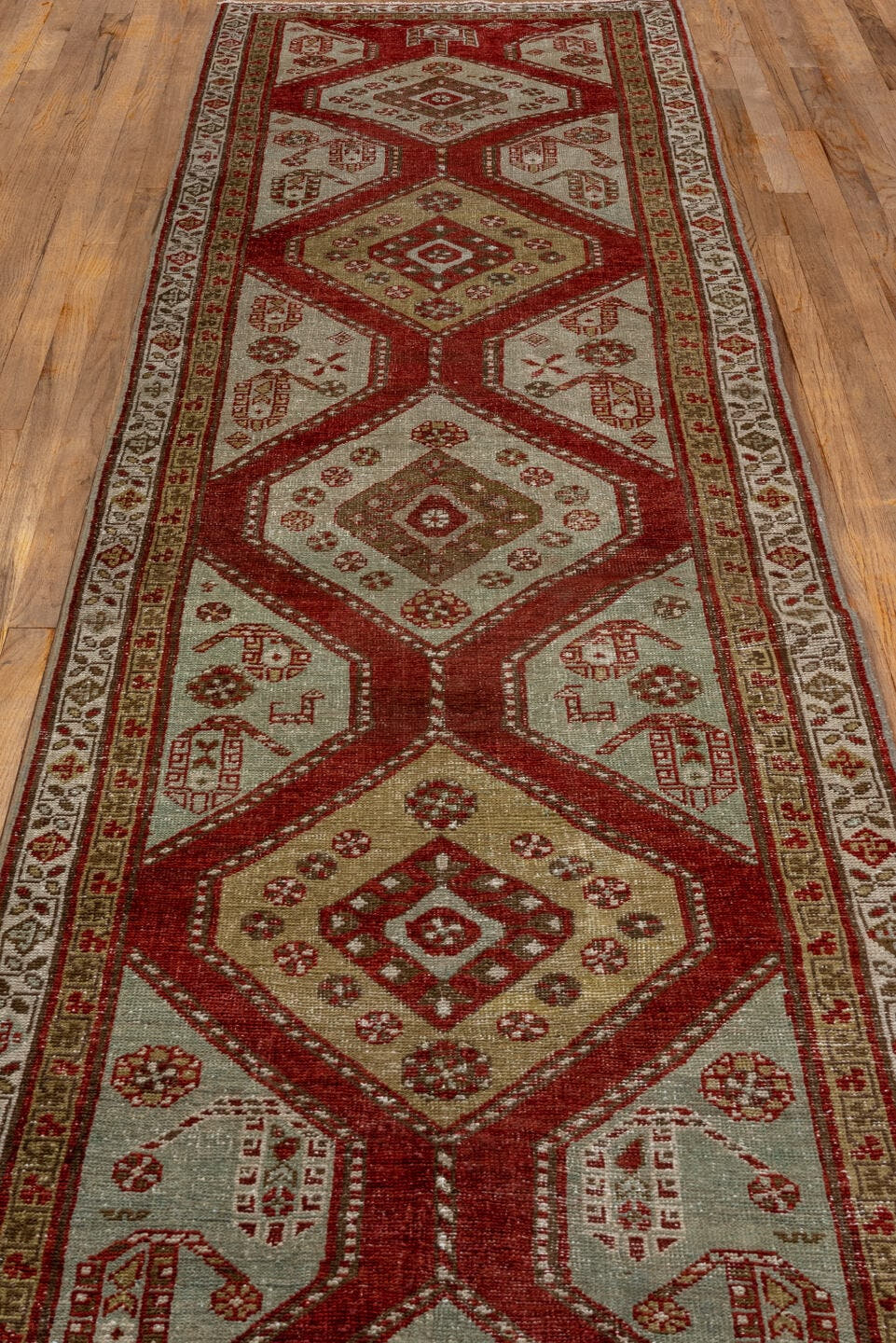 3' x 15' one-of-a-kind handmade antique Oushak runner rug. Color palette: crimson, ivory, taupe, camel, rose, red, beige