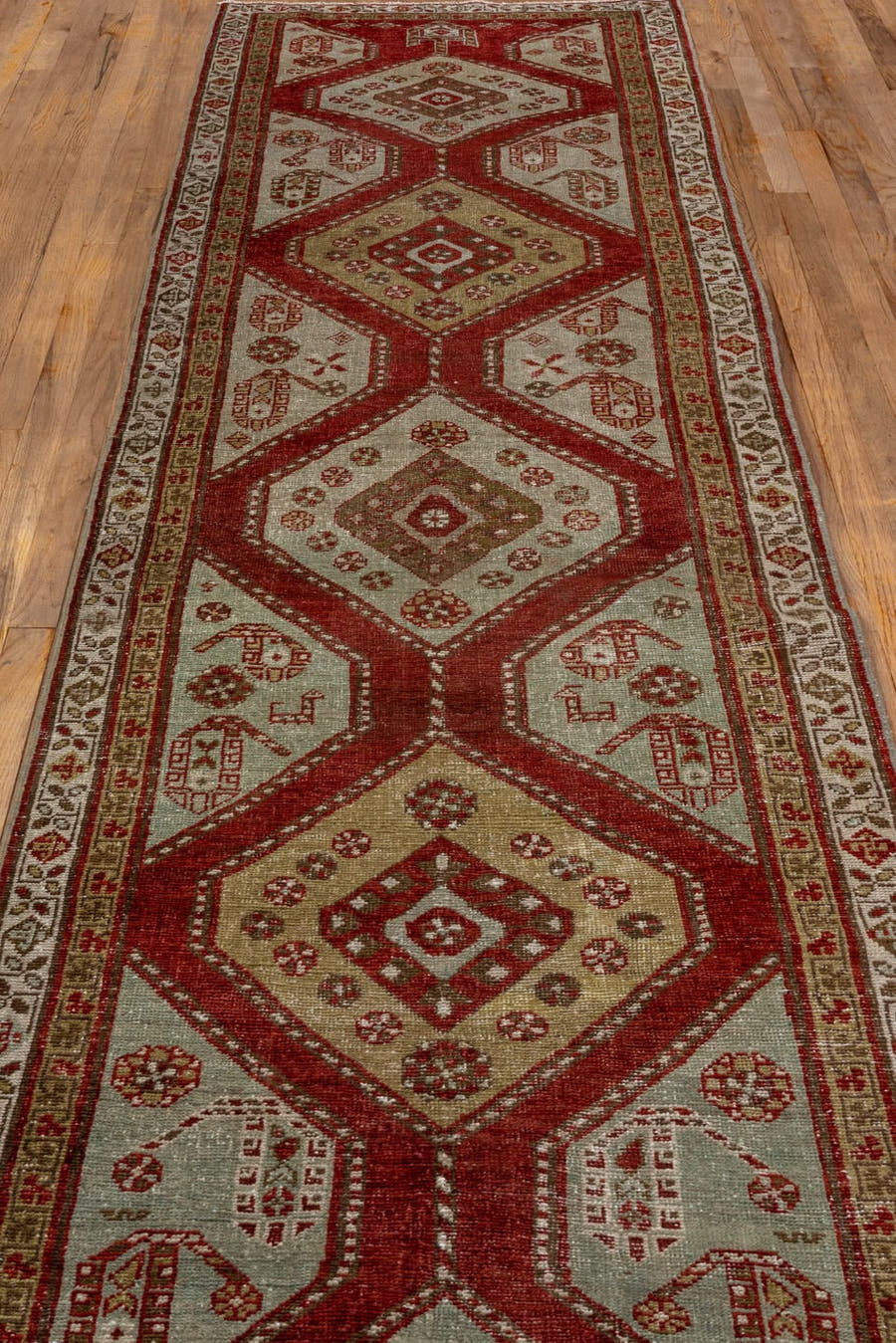 3' x 15' one-of-a-kind handmade antique Oushak runner rug. Color palette: crimson, ivory, taupe, camel, rose, red, beige