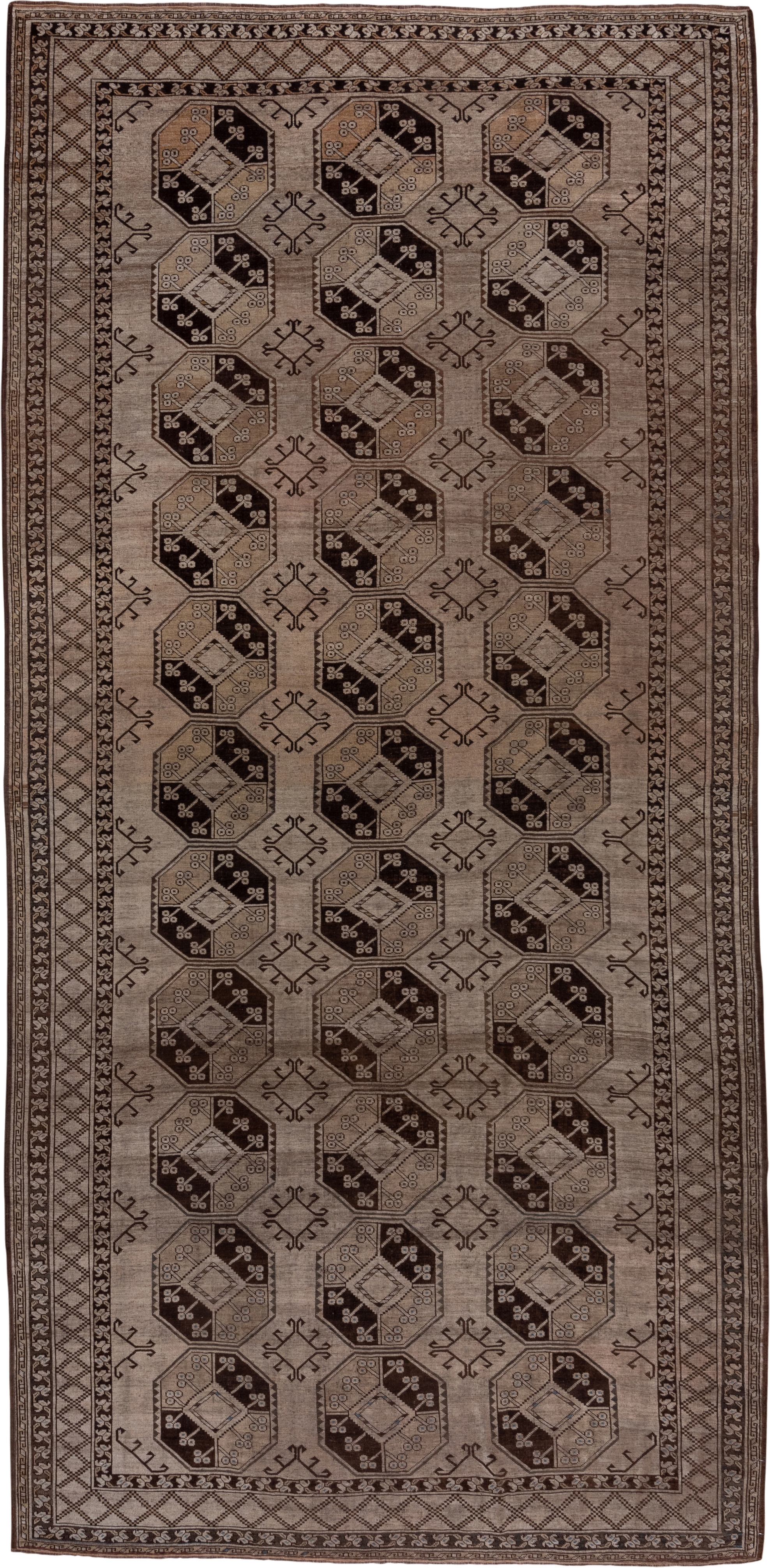 7' x 15' one-of-a-kind handmade antique Afghan rug. Color palette: taupe, brown, camel, ivory, charcoal, beige, gray, black