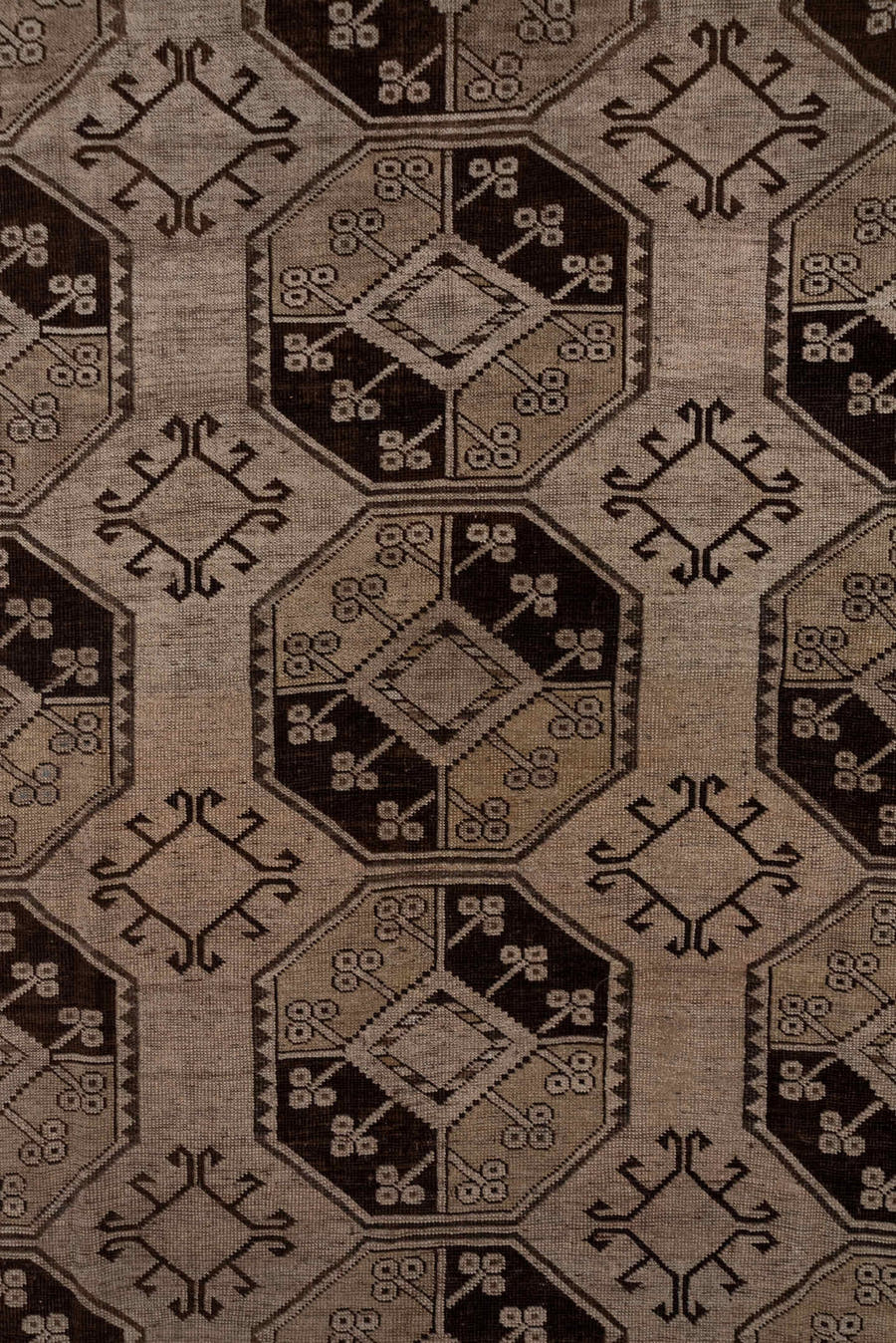 7' x 15' one-of-a-kind handmade antique Afghan rug. Color palette: taupe, brown, camel, ivory, charcoal, beige, gray, black