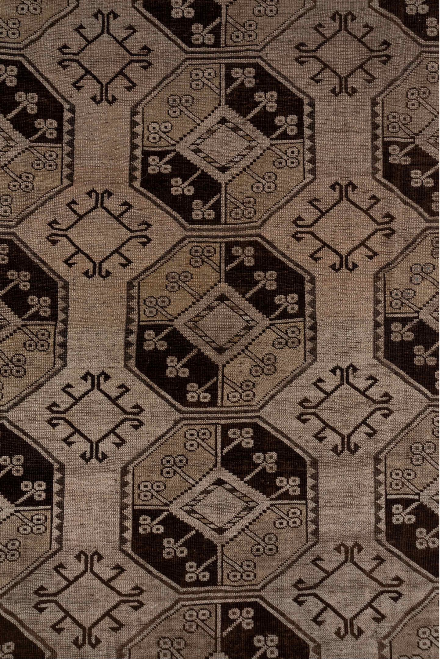 7' x 15' one-of-a-kind handmade antique Afghan rug. Color palette: taupe, brown, camel, ivory, charcoal, beige, gray, black