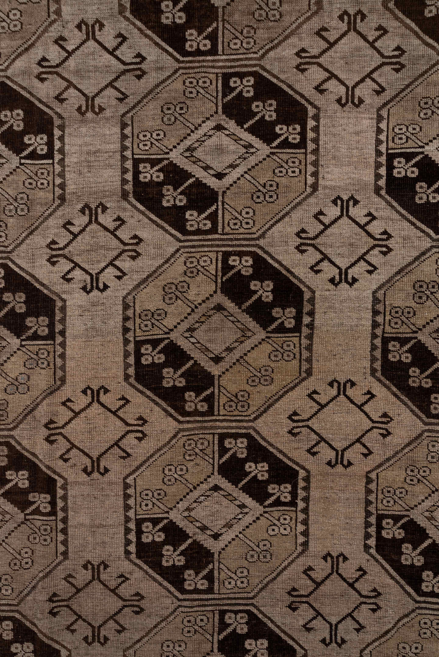 7' x 15' one-of-a-kind handmade antique Afghan rug. Color palette: taupe, brown, camel, ivory, charcoal, beige, gray, black