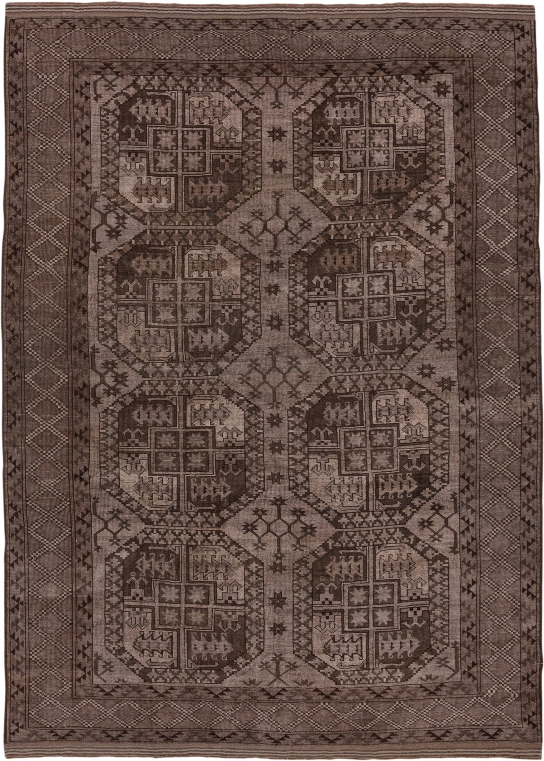 6' x 9' one-of-a-kind handmade antique Afghan medium size rug. Color palette: taupe, brown, charcoal, camel, ivory, beige