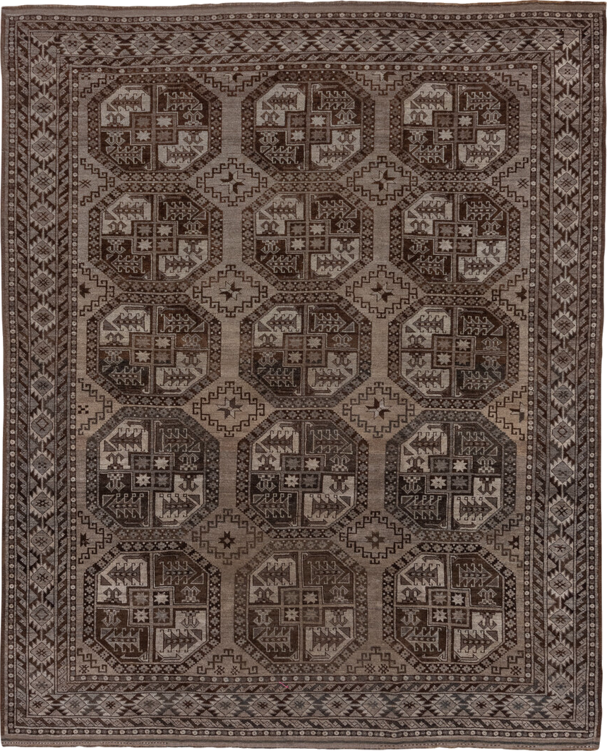 7' x 9' one-of-a-kind handmade vintage Afghan rug. Color palette: brown, gray, off-white, pink, snow, white, whitesmoke