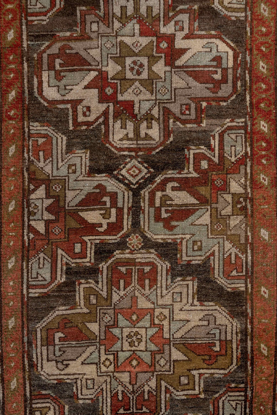 3' x 9' one-of-a-kind handmade antique Malayer runner rug. Color palette: brown, rust, ivory, taupe, terracotta, charcoal