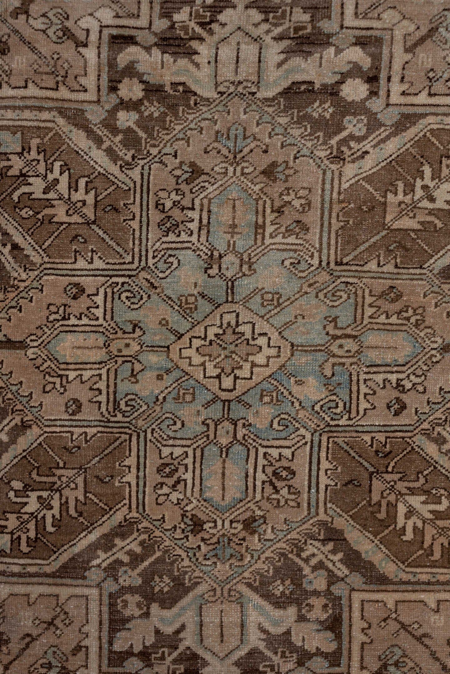 8' x 10' one-of-a-kind handmade antique Heriz large size rug. Color palette: taupe, brown, ivory, pale blue, camel, charcoal