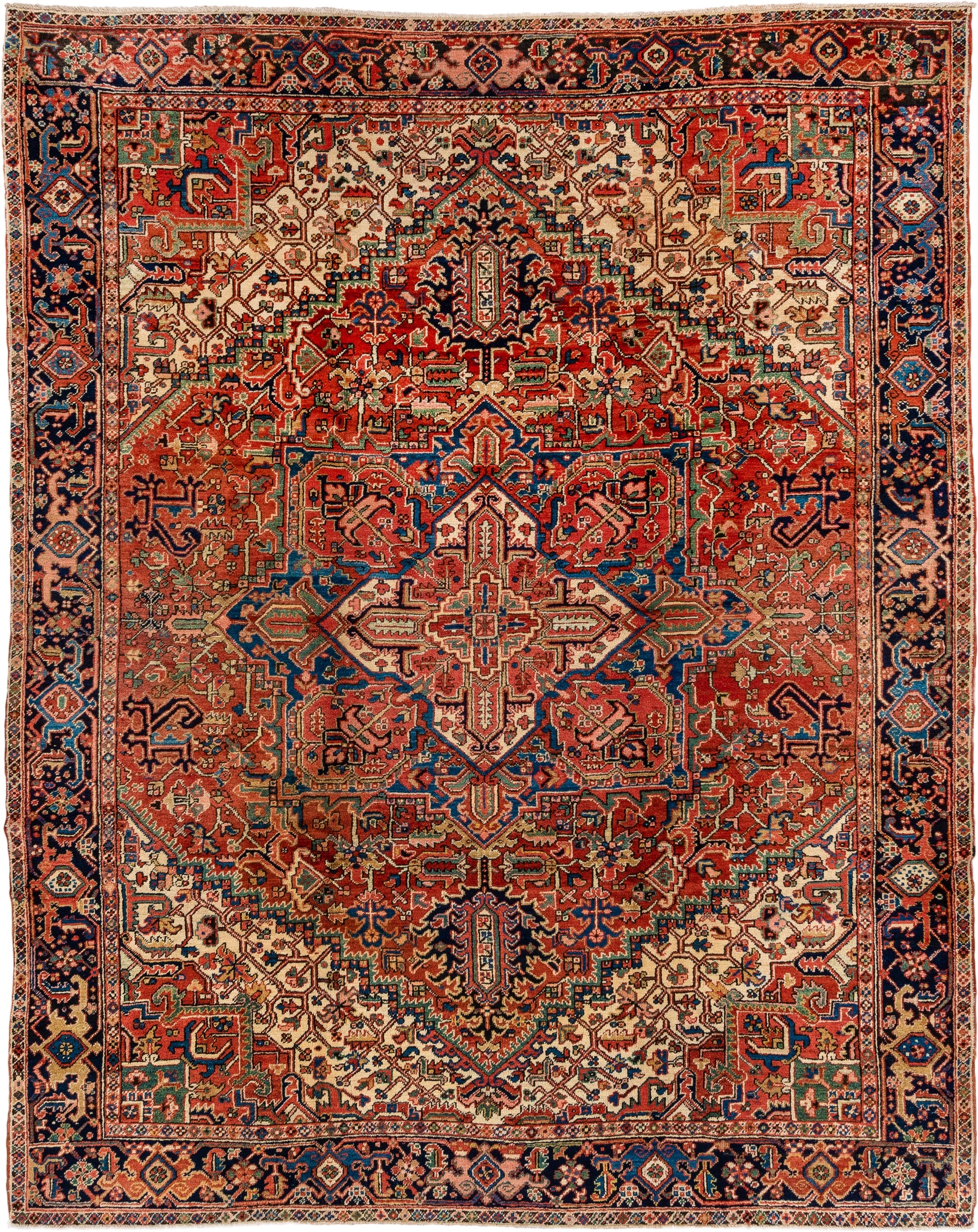 8' x 10' one-of-a-kind handmade antique Heriz large size rug. Color palette: rust, ivory, navy, terracotta, sage, coral