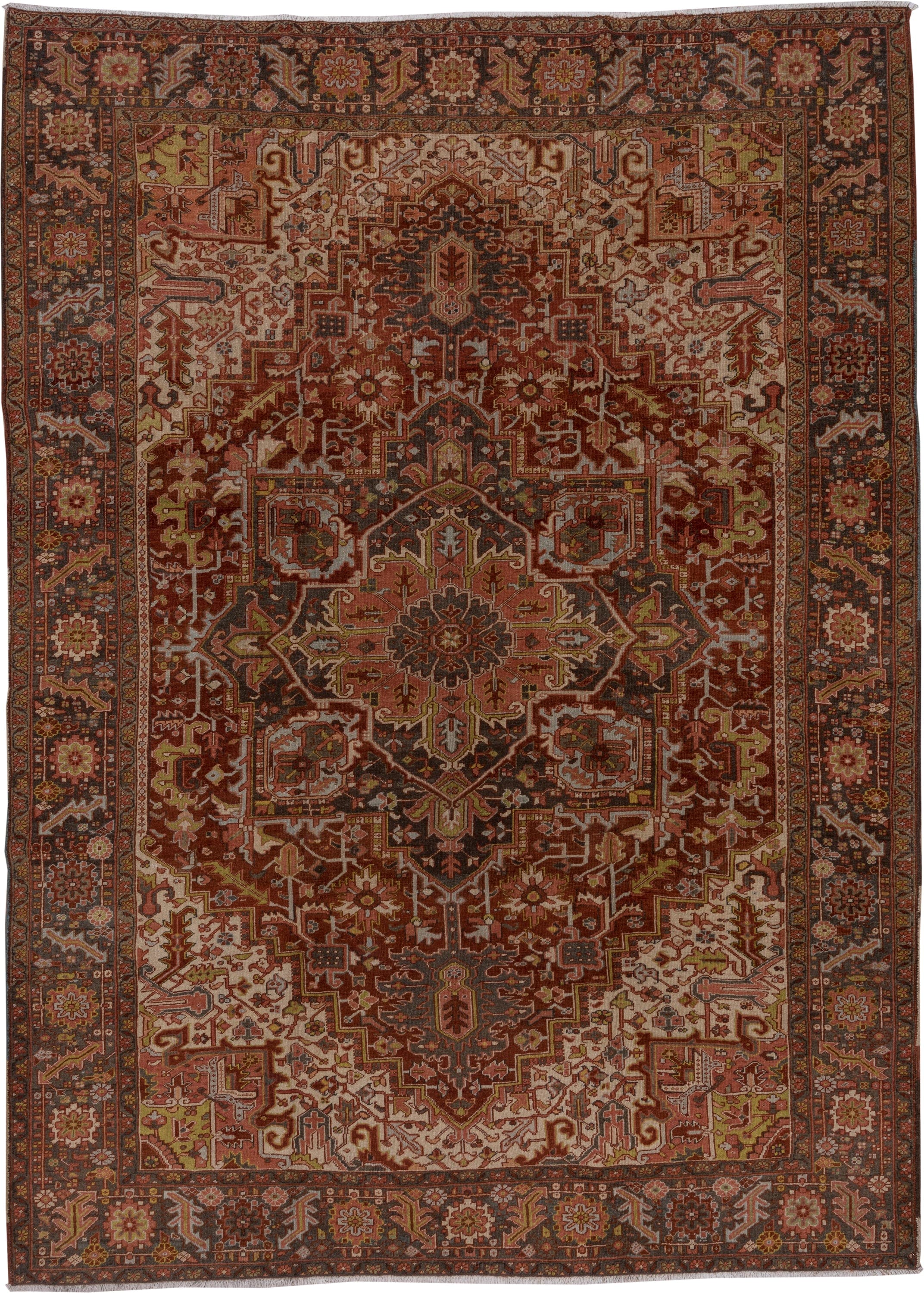 8' x 11' one-of-a-kind handmade antique Heriz large size rug. Color palette: rust, ivory, charcoal, terra cotta, olive