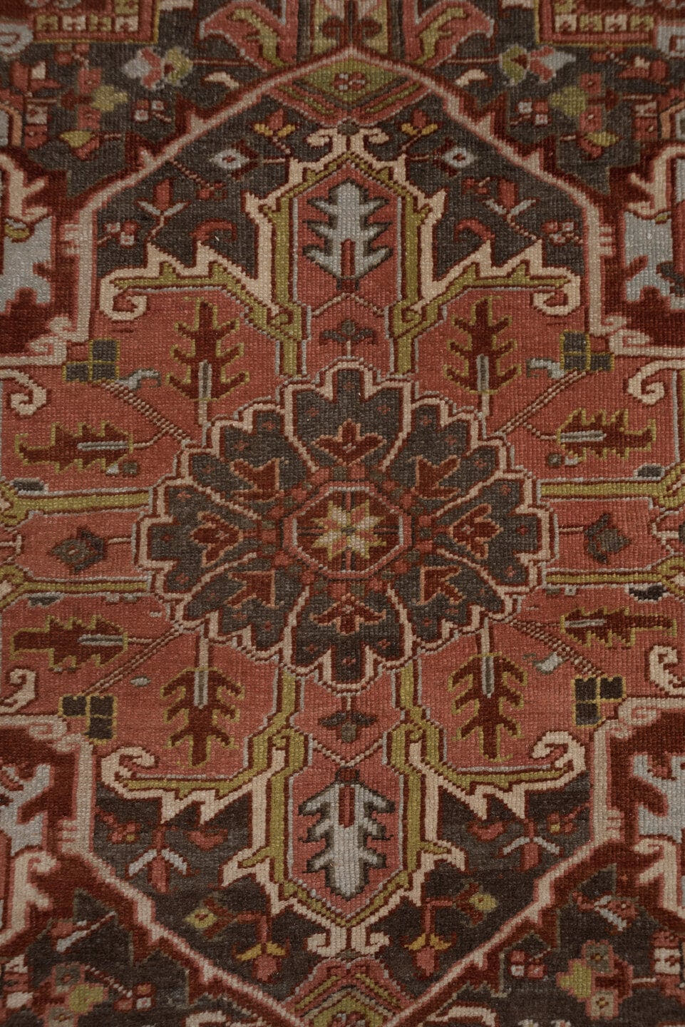8' x 11' one-of-a-kind handmade antique Heriz large size rug. Color palette: rust, ivory, charcoal, terra cotta, olive