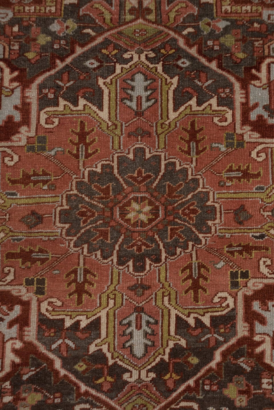8' x 11' one-of-a-kind handmade antique Heriz large size rug. Color palette: rust, ivory, charcoal, terra cotta, olive