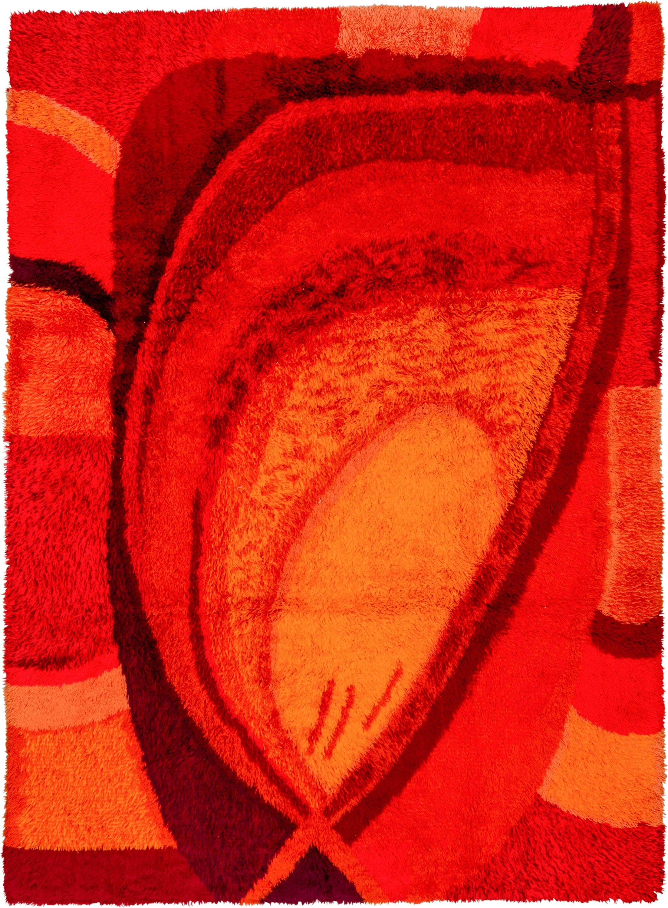 8' x 11' one-of-a-kind handmade vintage Shag large size rug. Color palette: red, orange, crimson, coral, burgundy, peach