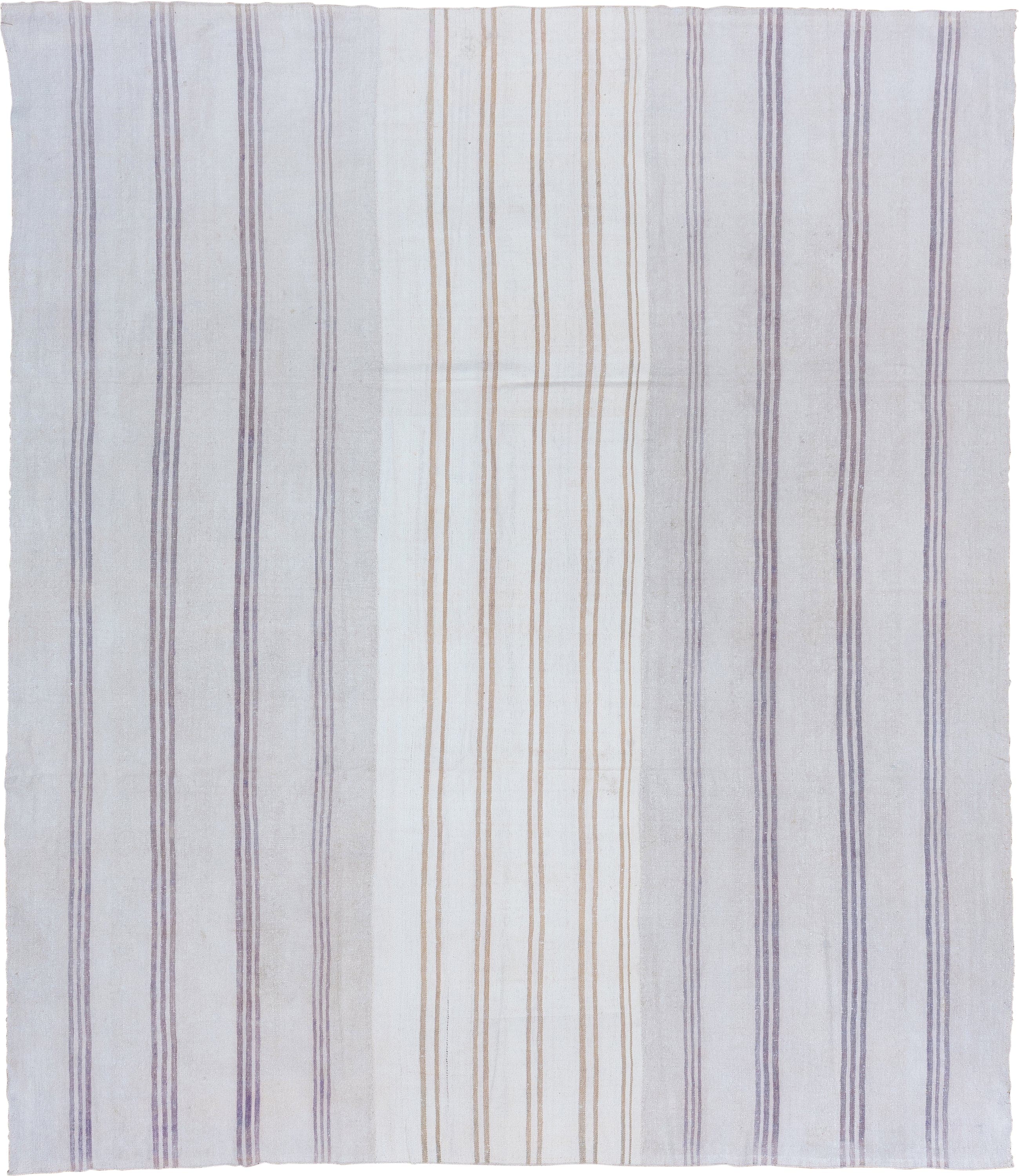 9' x 11' one-of-a-kind handmade antique Flatweave large size rug. Color palette: ivory, lavender, gold, cream, light gray