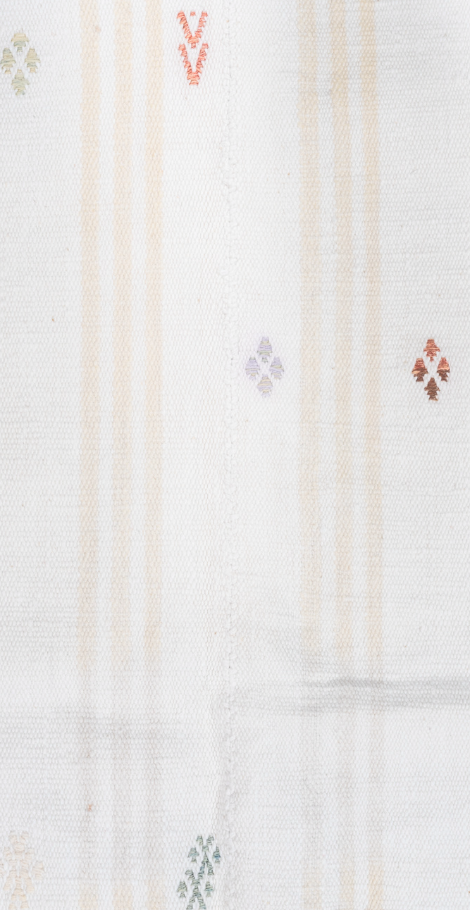 4' x 7' one-of-a-kind handmade vintage Flatweave rug. Color palette: azure, dark gray, gainsboro, gray, lavender blush