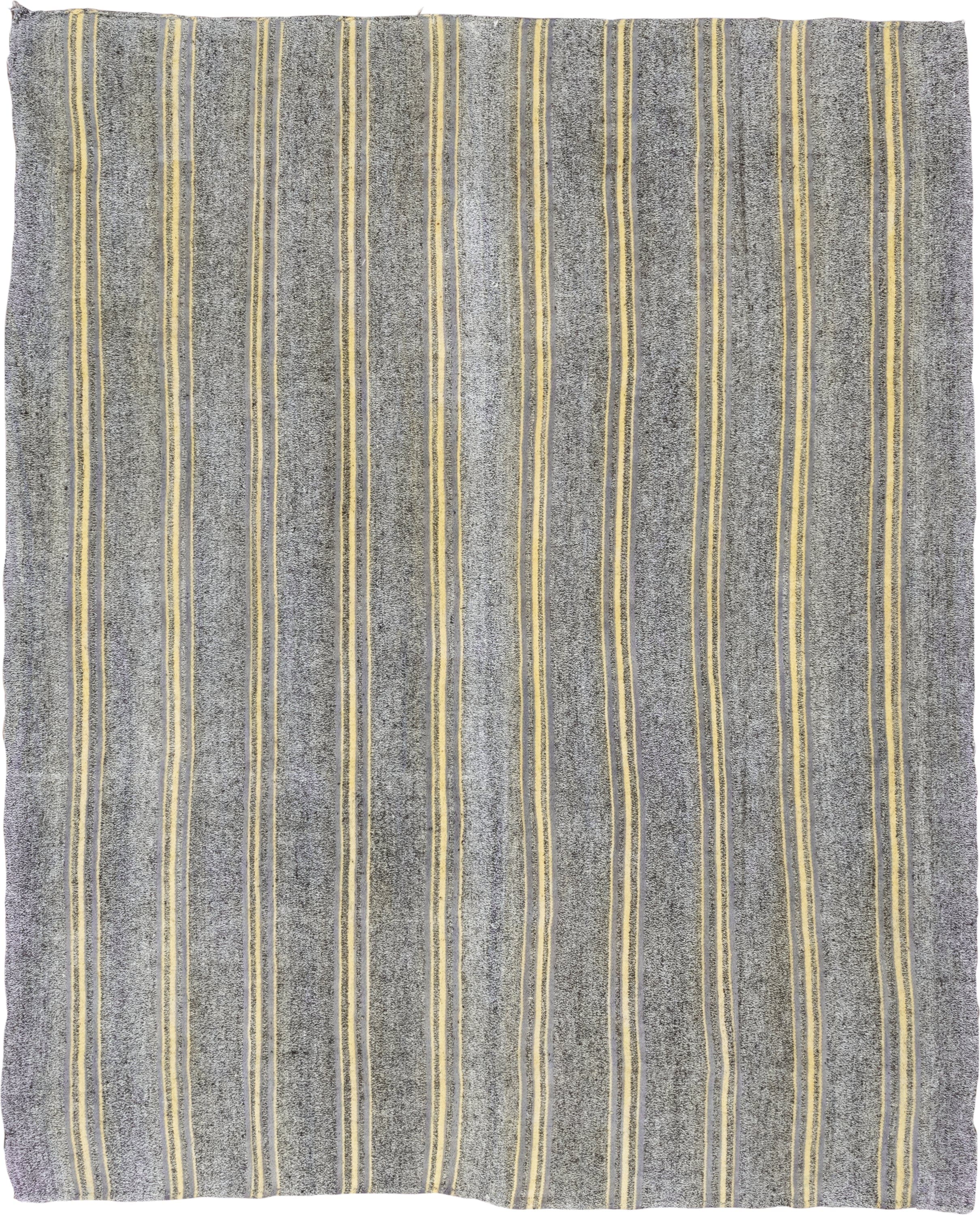 7' x 9' one-of-a-kind handmade antique Flatweave rug. Color palette: gray, ivory, gold, charcoal, black