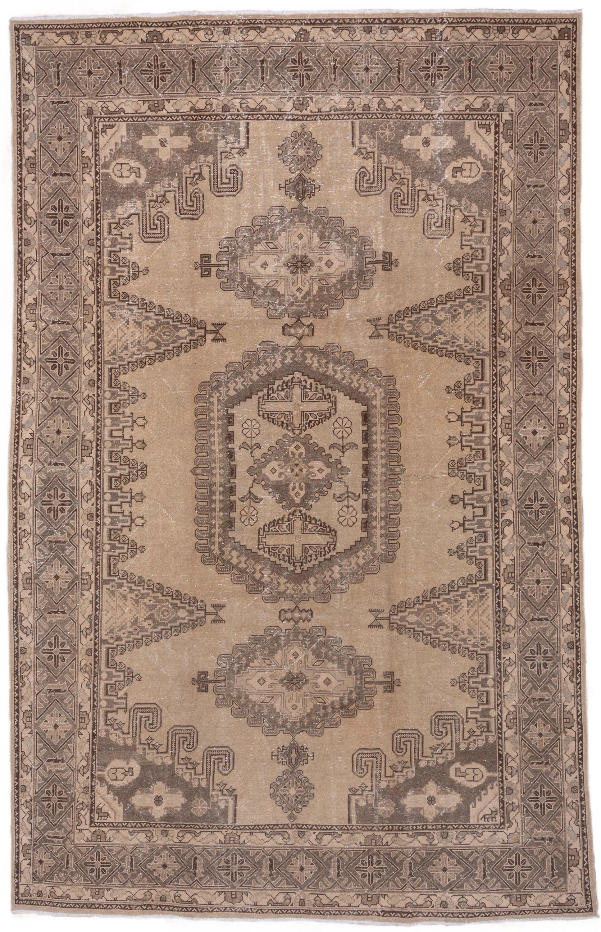 7' x 12' one-of-a-kind handmade antique Veece large size rug. Color palette: taupe, beige, brown, ivory, camel, charcoal