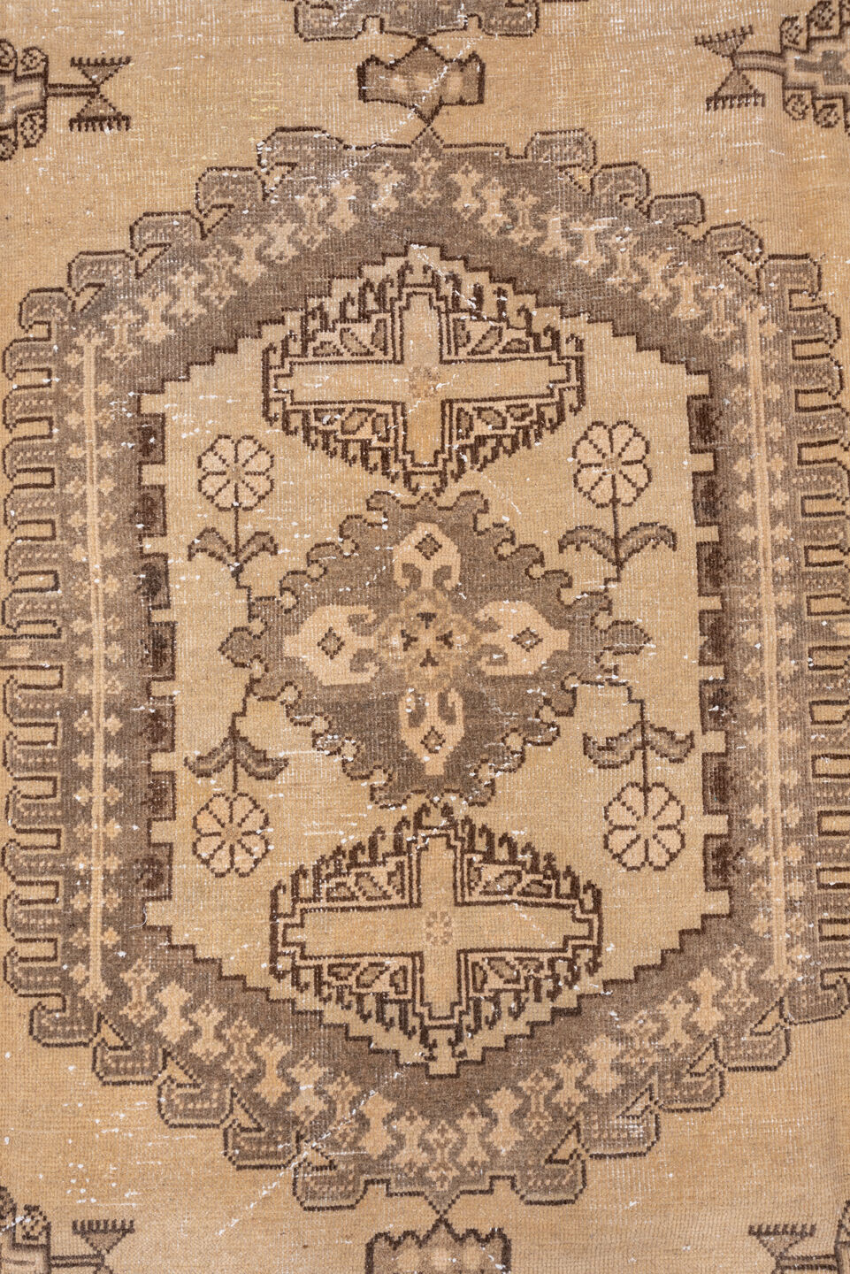 7' x 12' one-of-a-kind handmade antique Veece large size rug. Color palette: taupe, beige, brown, ivory, camel, charcoal