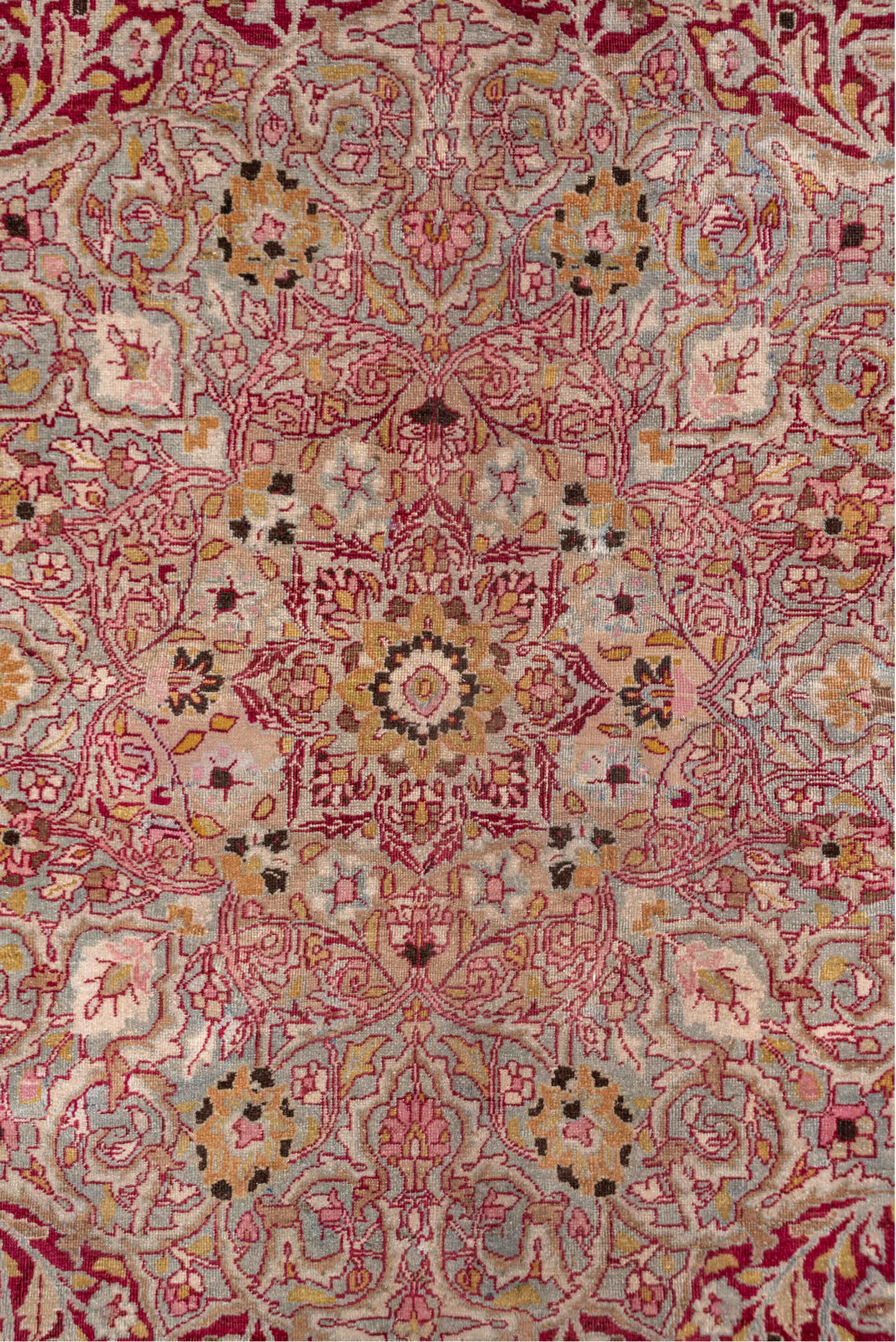 8' x 11' one-of-a-kind handmade antique Meshed large size rug. Color palette: ivory, burgundy, rose, blush, gold, sage