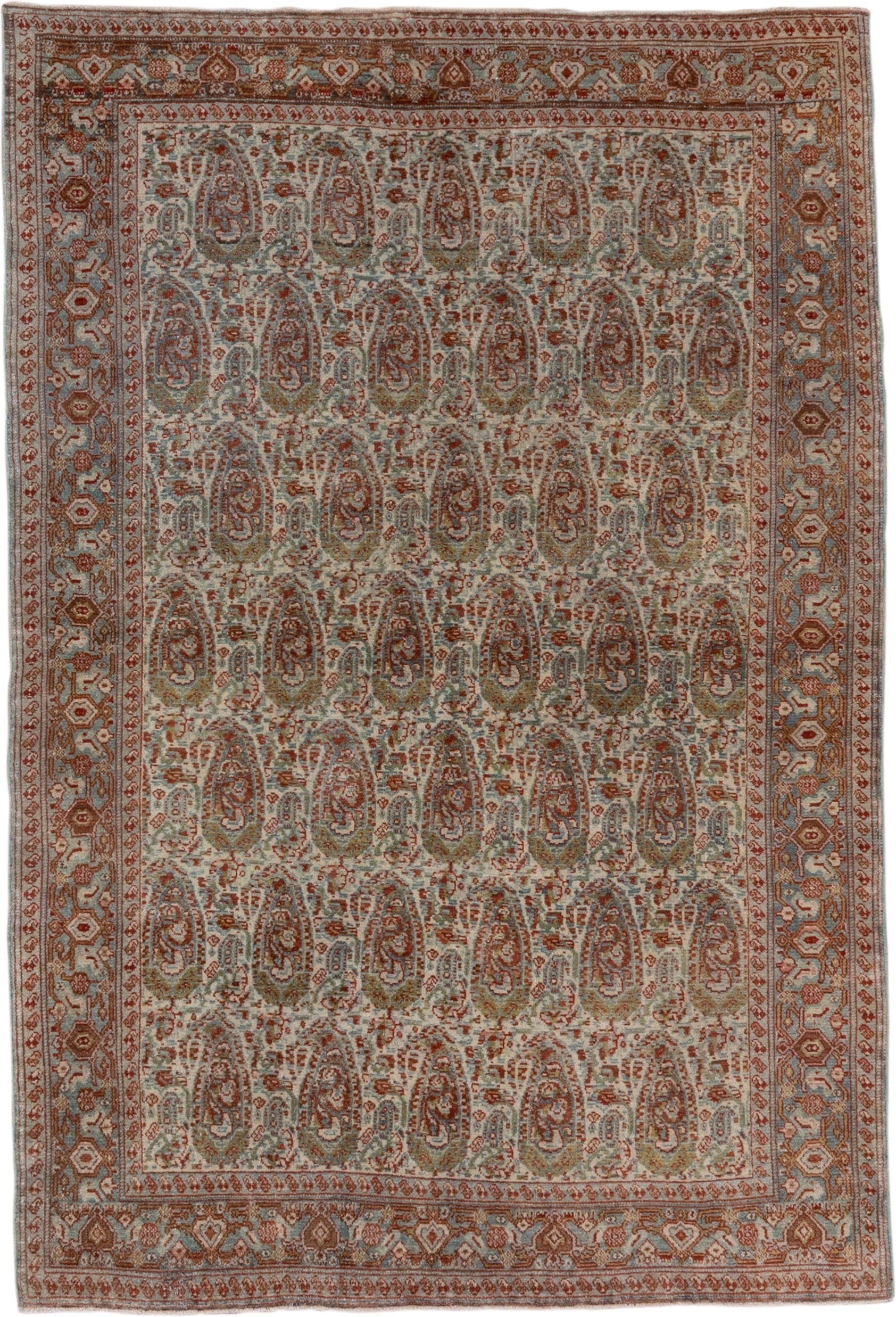 4' x 6' one-of-a-kind handmade antique Senne small size rug. Color palette: ivory, rust, light blue, sage, taupe, camel
