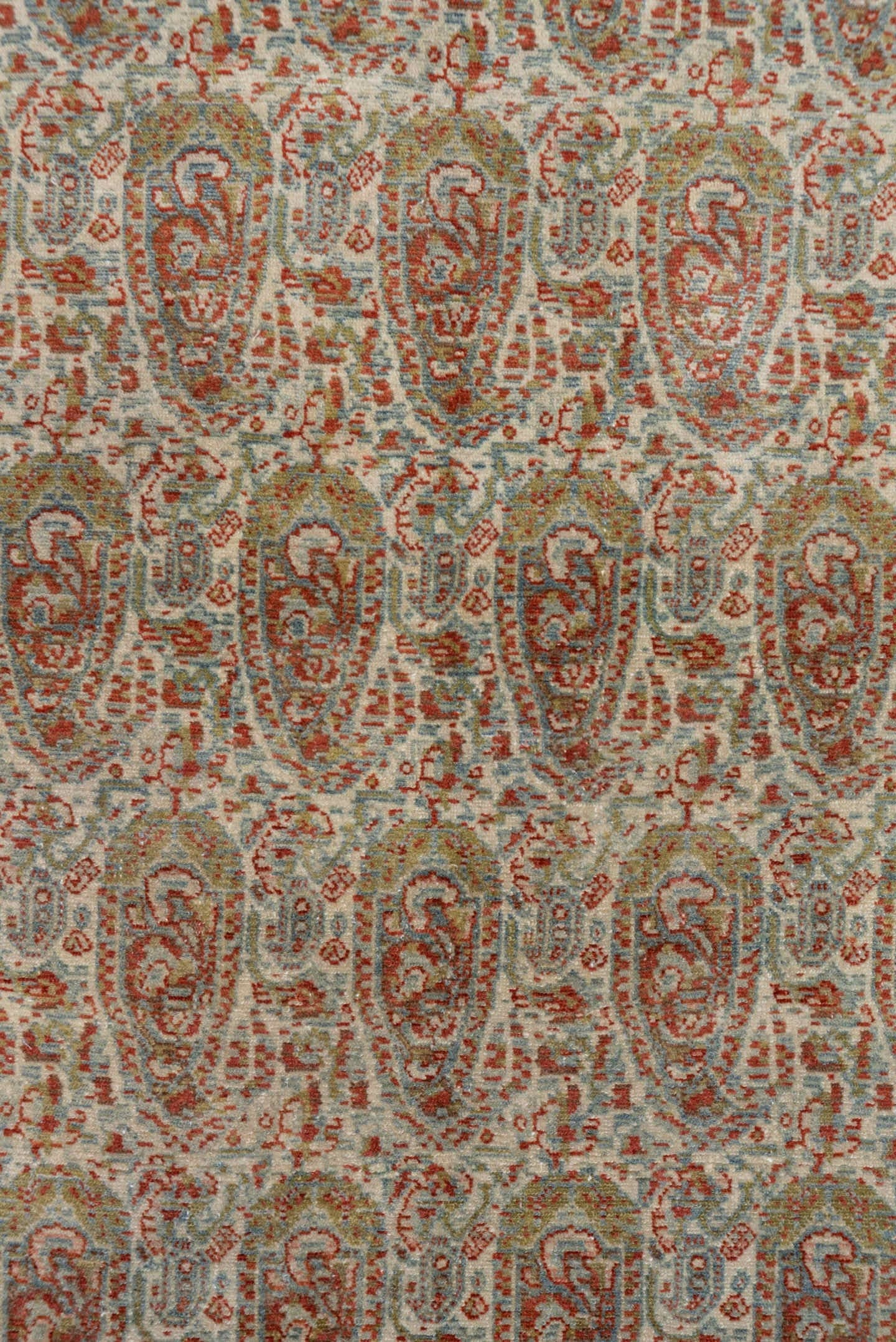 4' x 6' one-of-a-kind handmade antique Senne small size rug. Color palette: ivory, rust, light blue, sage, taupe, camel