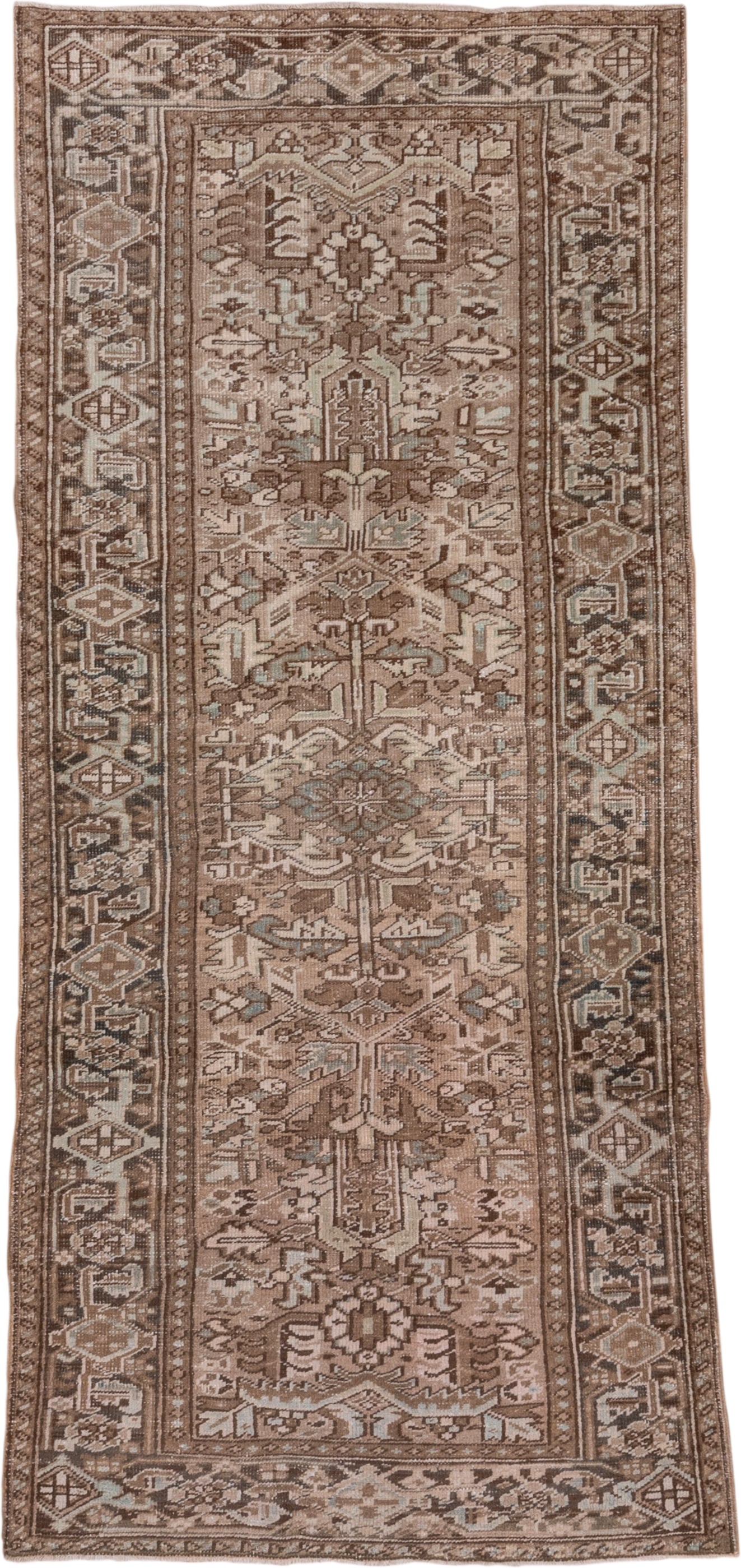 3' x 8' one-of-a-kind handmade antique Heriz runner rug. Color palette: taupe, brown, camel, ivory, beige, slate, gray