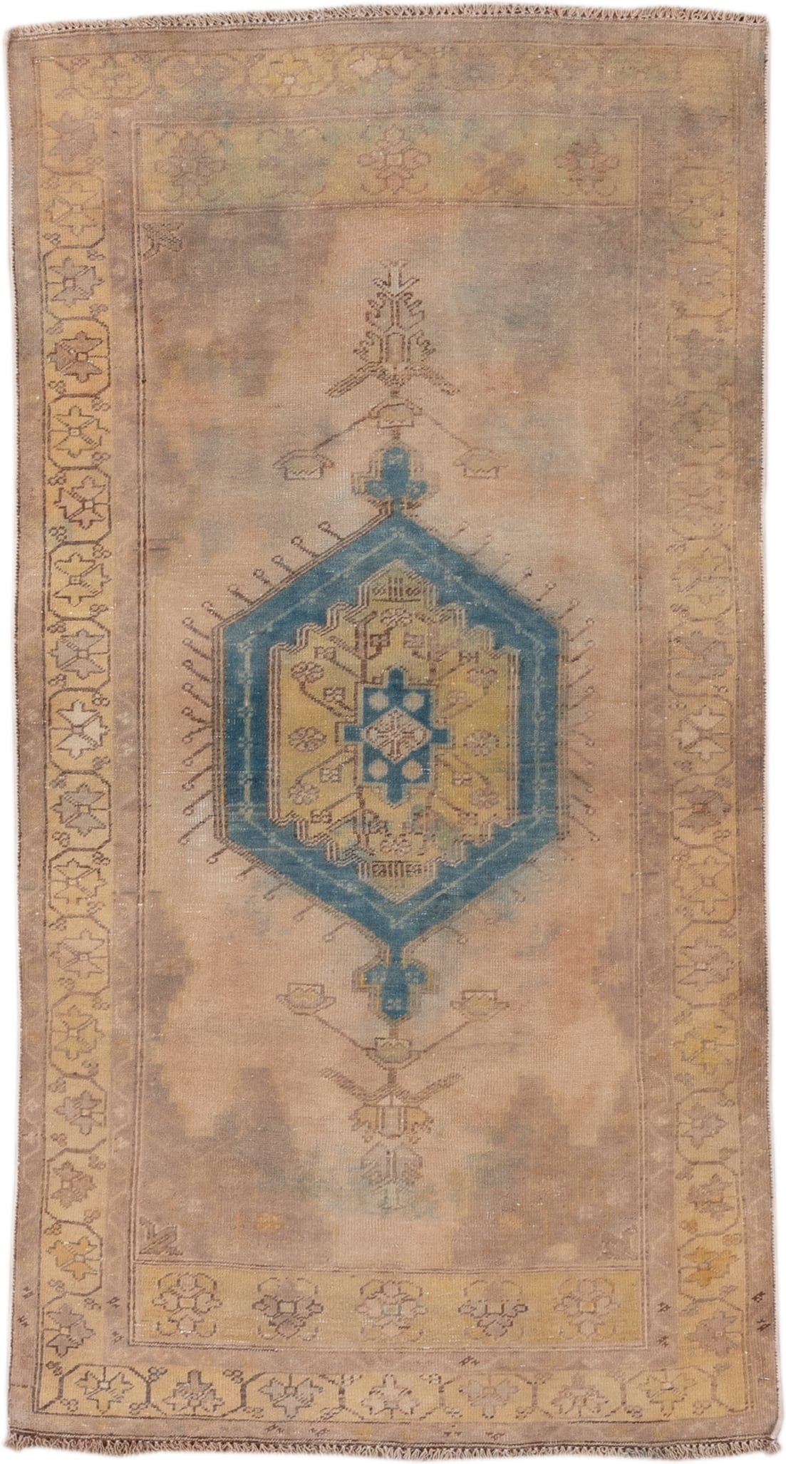 3' x 6' one-of-a-kind handmade antique Sarab small size rug. Color palette: taupe, camel, ivory, blue, sage, gold, brown