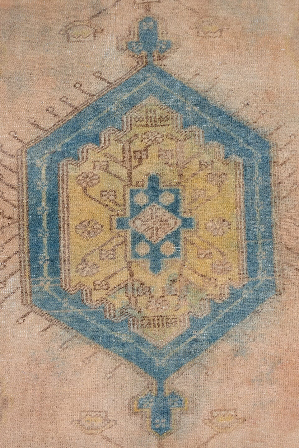 3' x 6' one-of-a-kind handmade antique Sarab small size rug. Color palette: taupe, camel, ivory, blue, sage, gold, brown